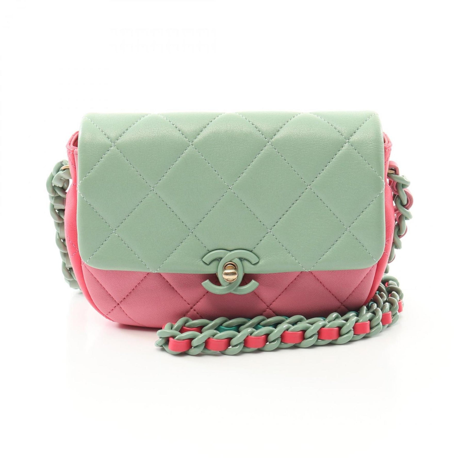 CHANEL Matelasse Shoulder Bag Leather Women's Green Pink Multicolor AS3876