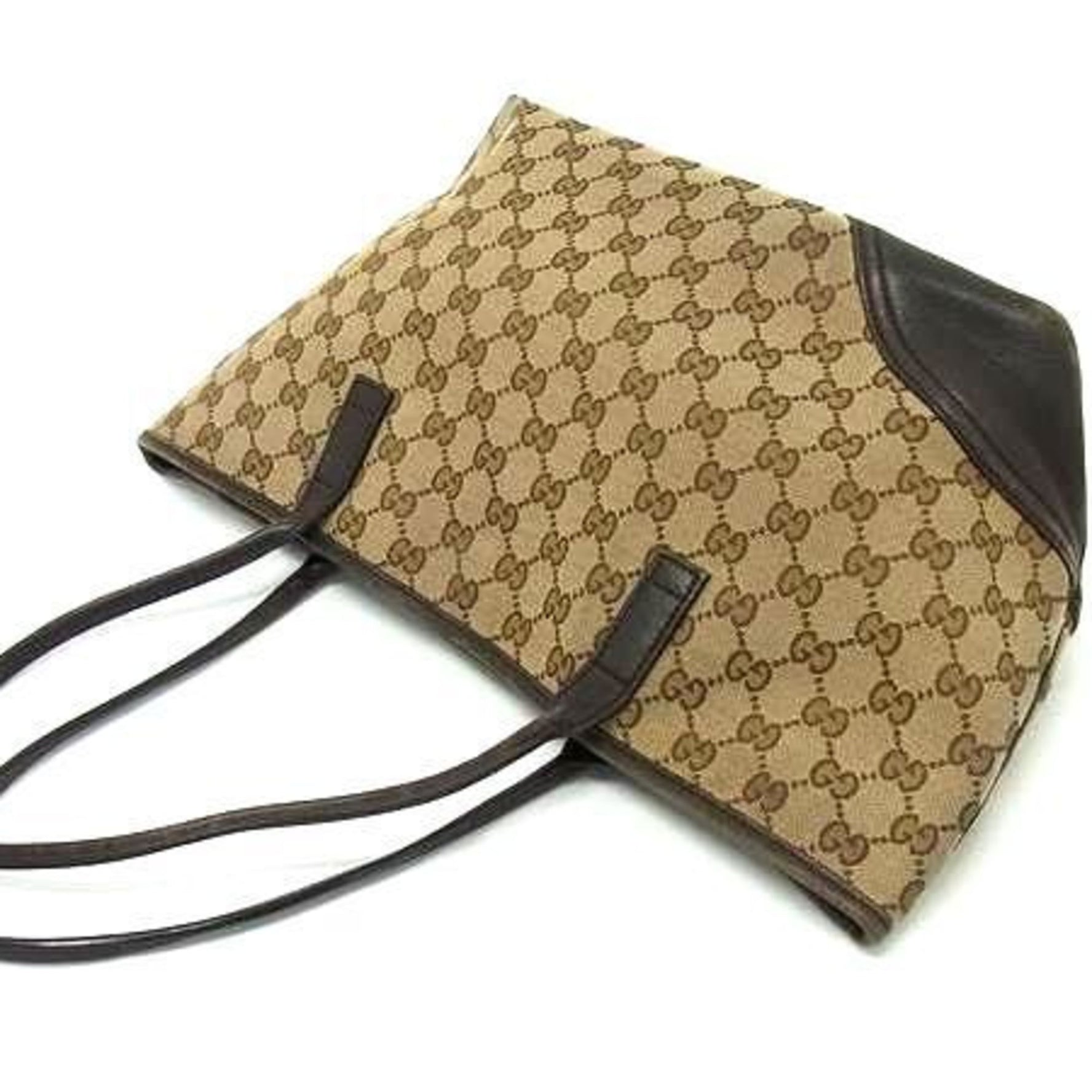 GUCCI New Brit Tote Bag Beige Brown GG Canvas Leather Shoulder