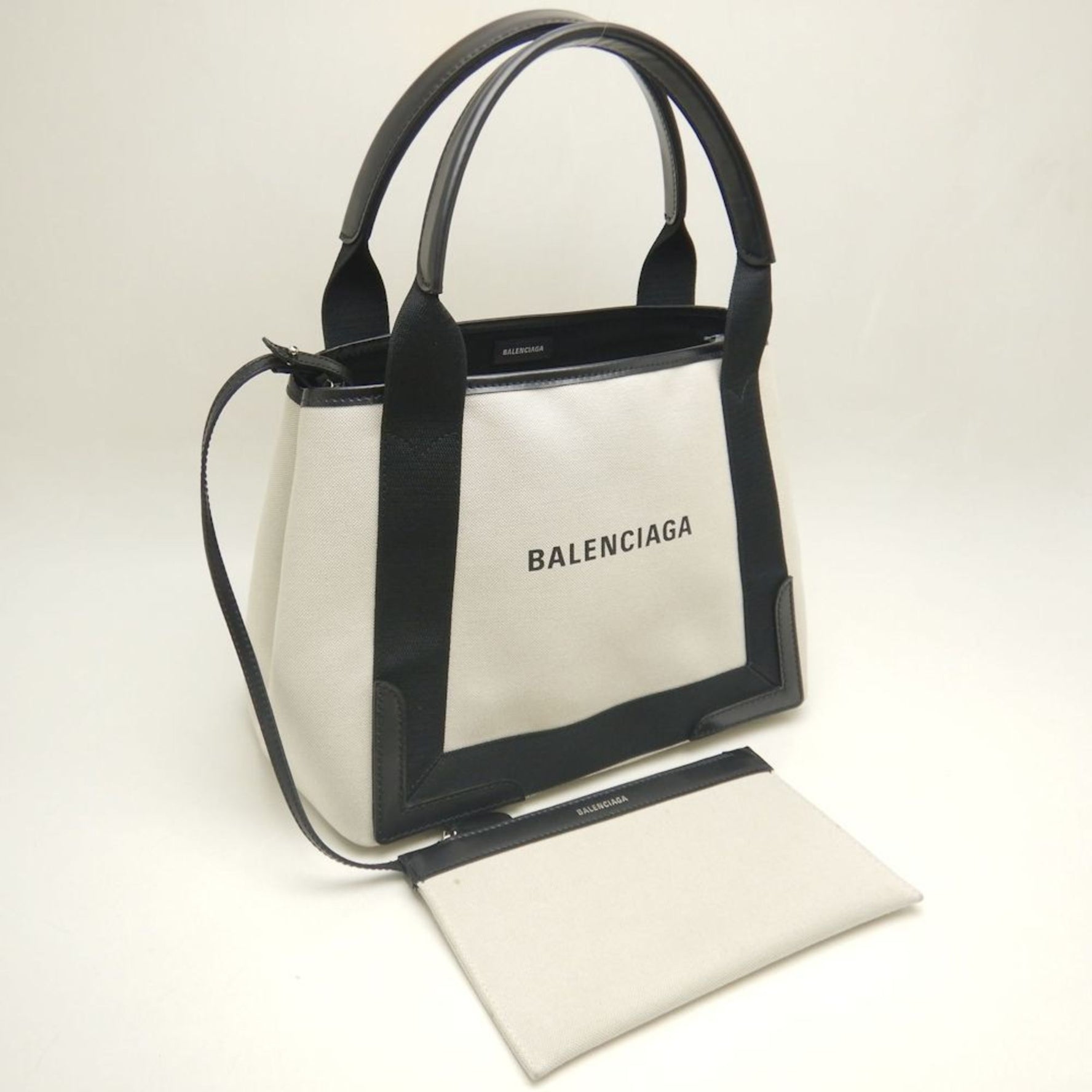 BALENCIAGA Navy Cabas S Tote Bag, Canvas and Leather, Ivory, Black