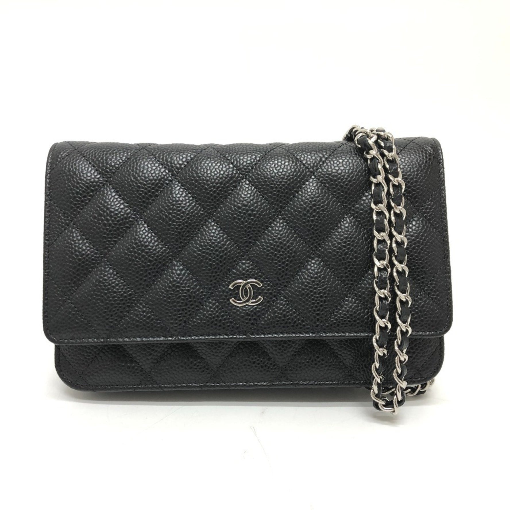 CHANEL Matelasse Coco Mark Classic Chain Wallet Shoulder Bag Caviar Skin Silver Hardware