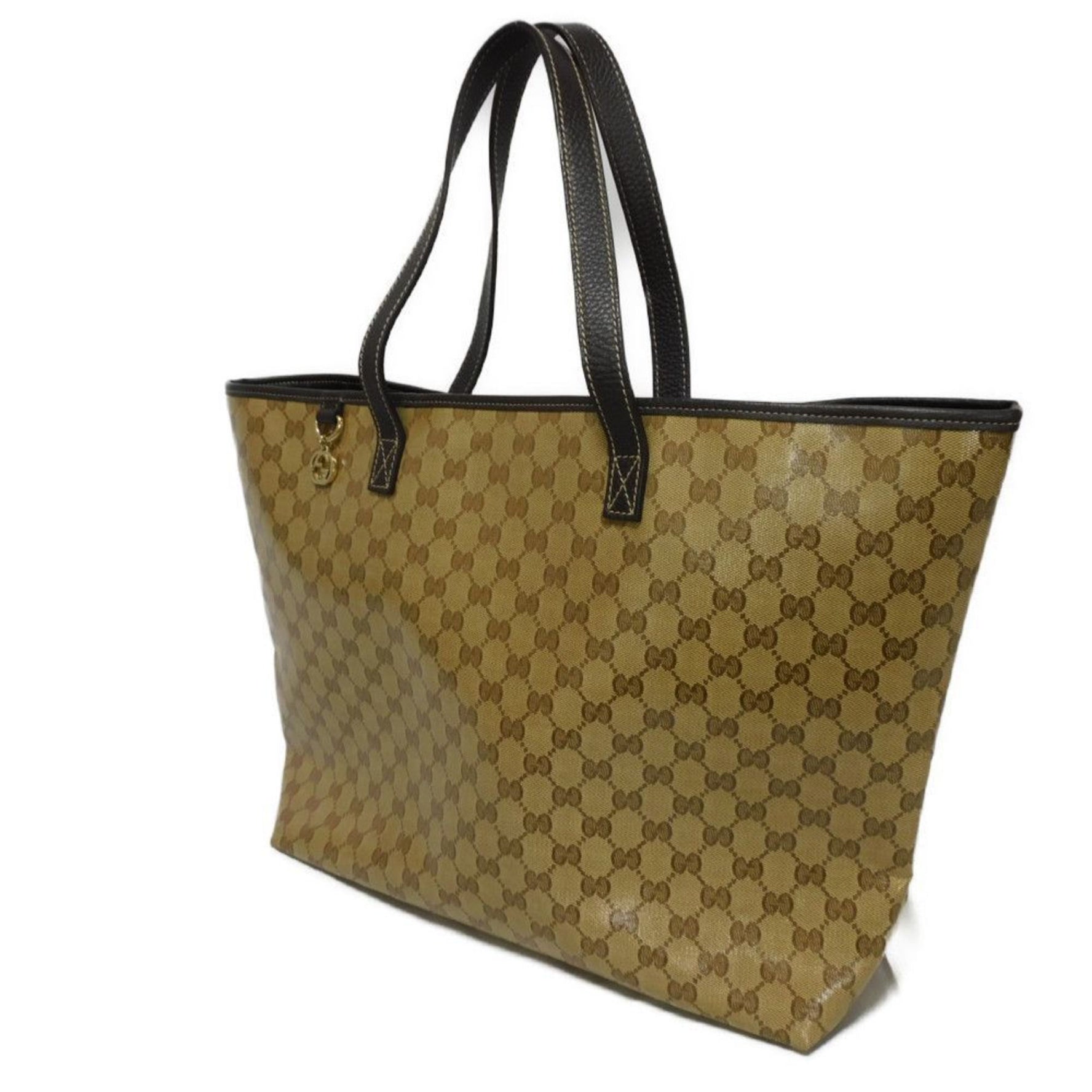 Gucci GG Crystal Tote Bag Vinyl Coating Brown Interlocking G Charm Beige Men's