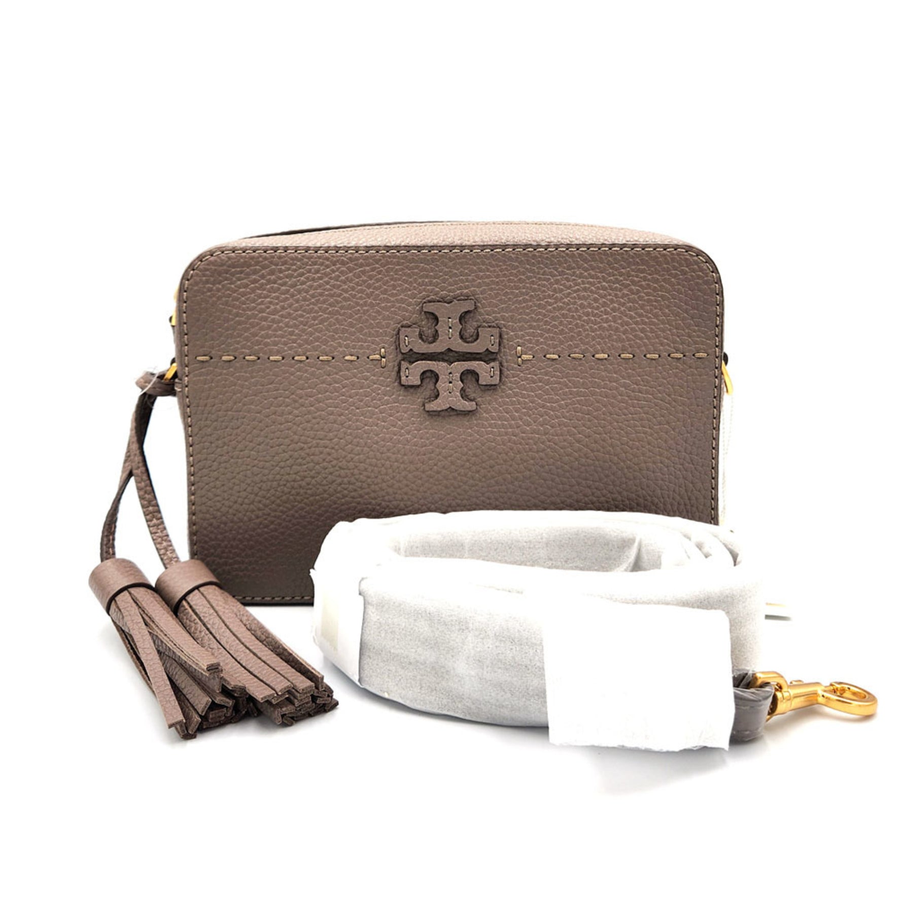TORY BURCH McGraw Tassel Shoulder Bag Silver Maple Leather Women's Camera