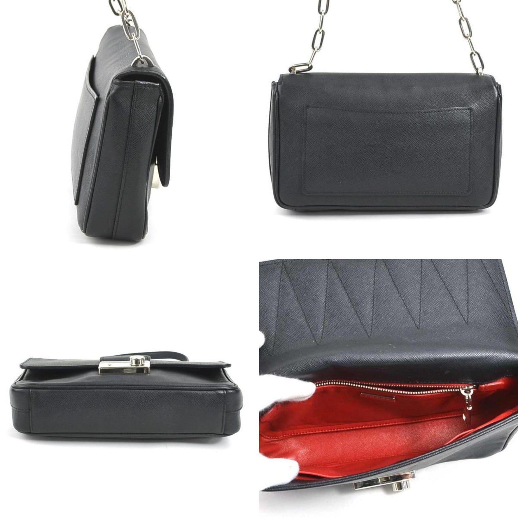 PRADA Crossbody Shoulder Bag Leather/Metal Black/Silver Women's