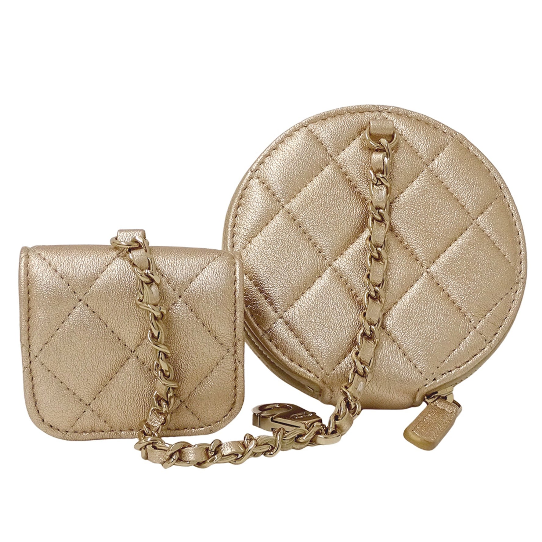 CHANEL Matelasse Wallet, Brand Name Coin Case, AirPods Pouch, Leather, Champagne Gold, Novelty