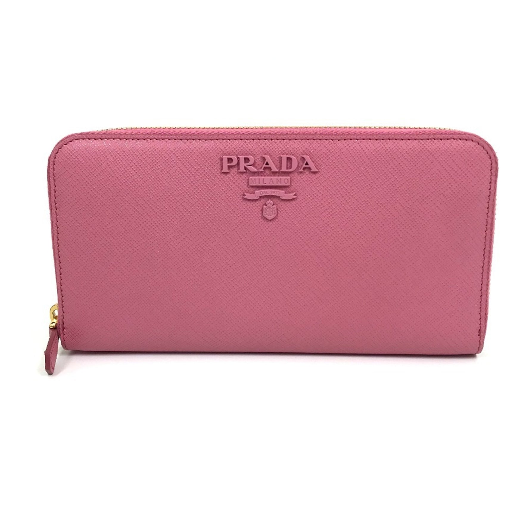 PRADA Logo Saffiano Shine Round Zip Long Wallet in Leather, BEGONIA Pink