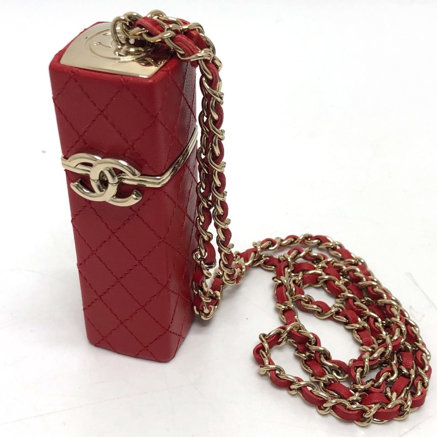 CHANEL Coco Mark CC Lip Case Chain Shoulder Bag Leather Red Like New