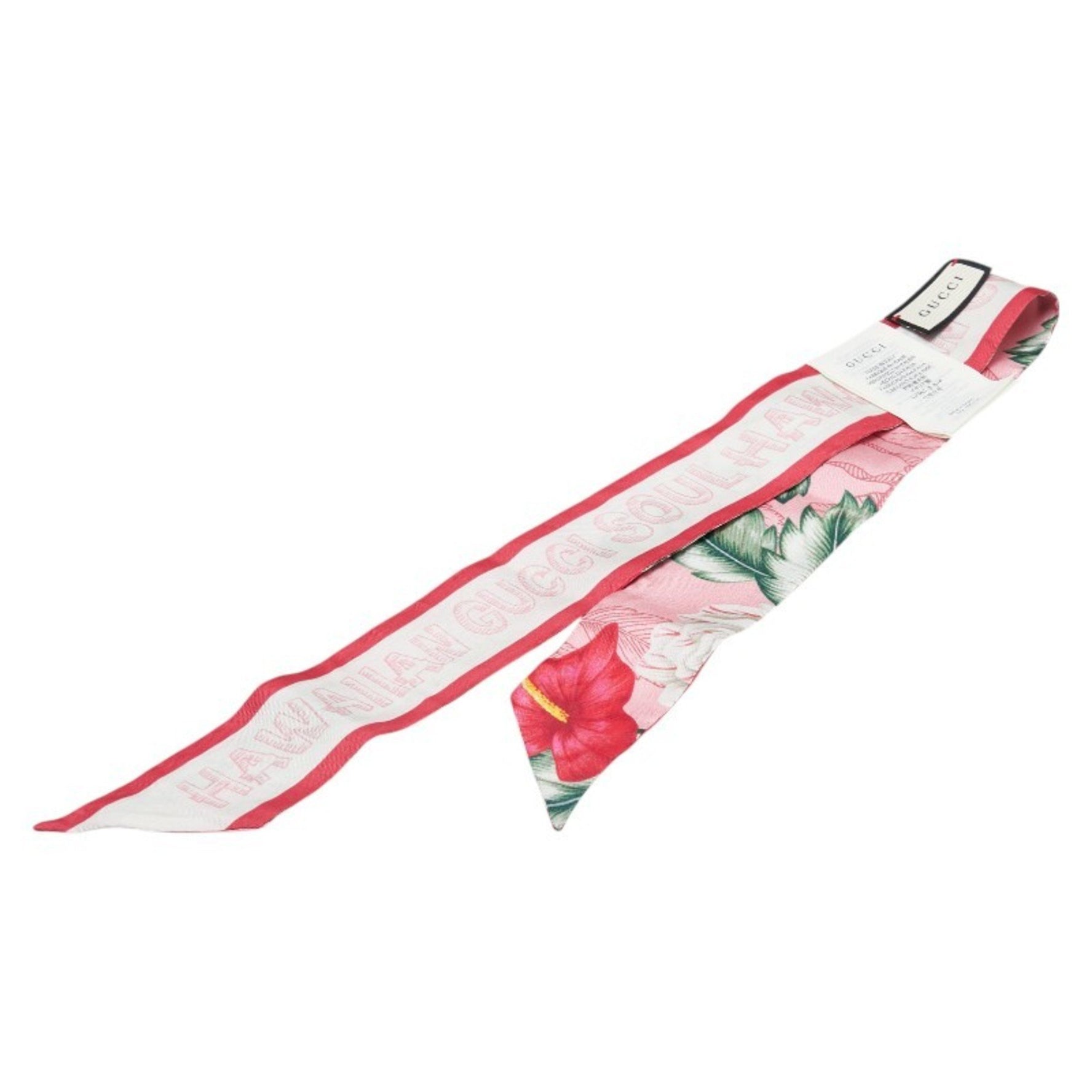 Gucci Flower Print Neck Bow Scarf, Pink Multicolor Silk