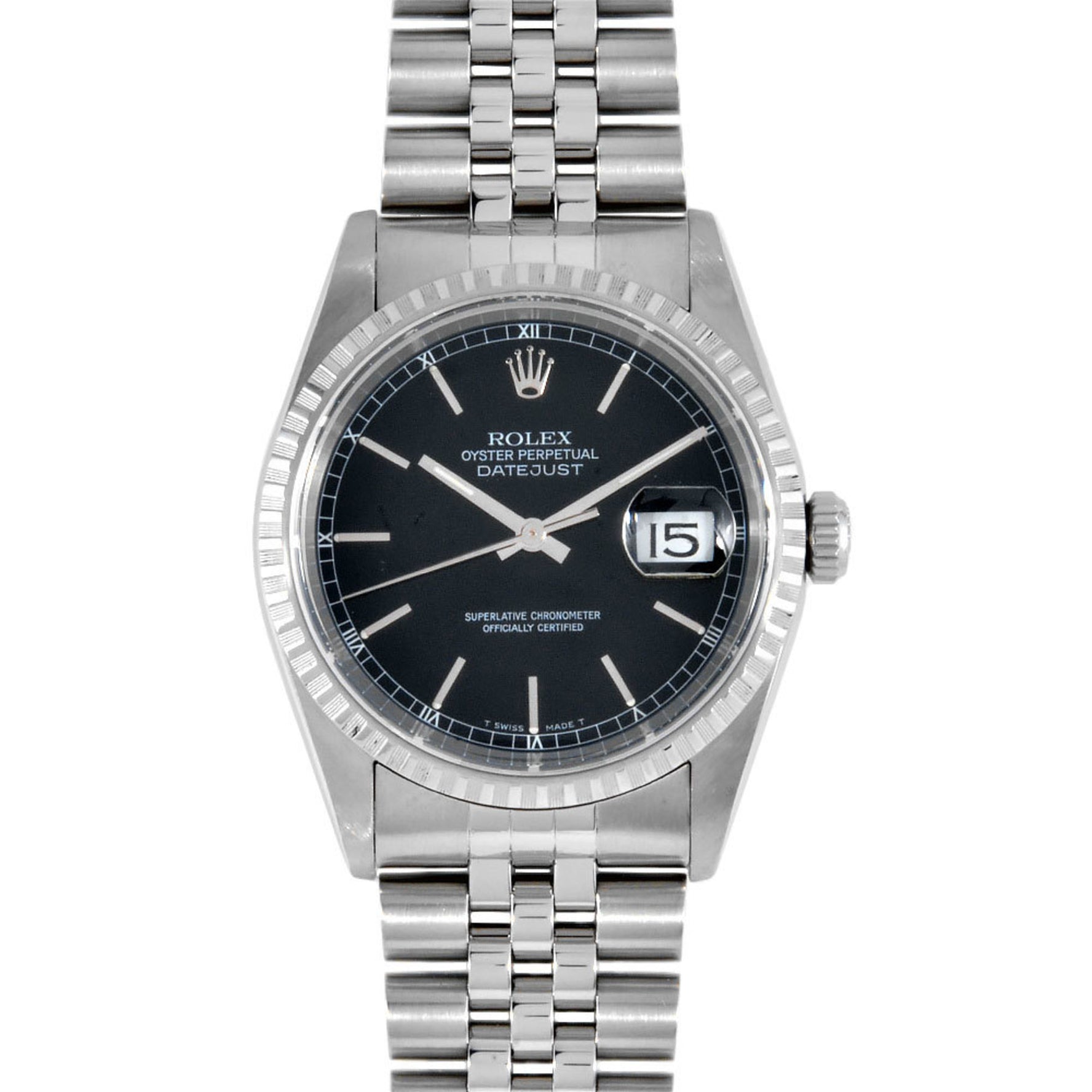 Rolex Datejust A-series watch, automatic, black dial, stainless steel