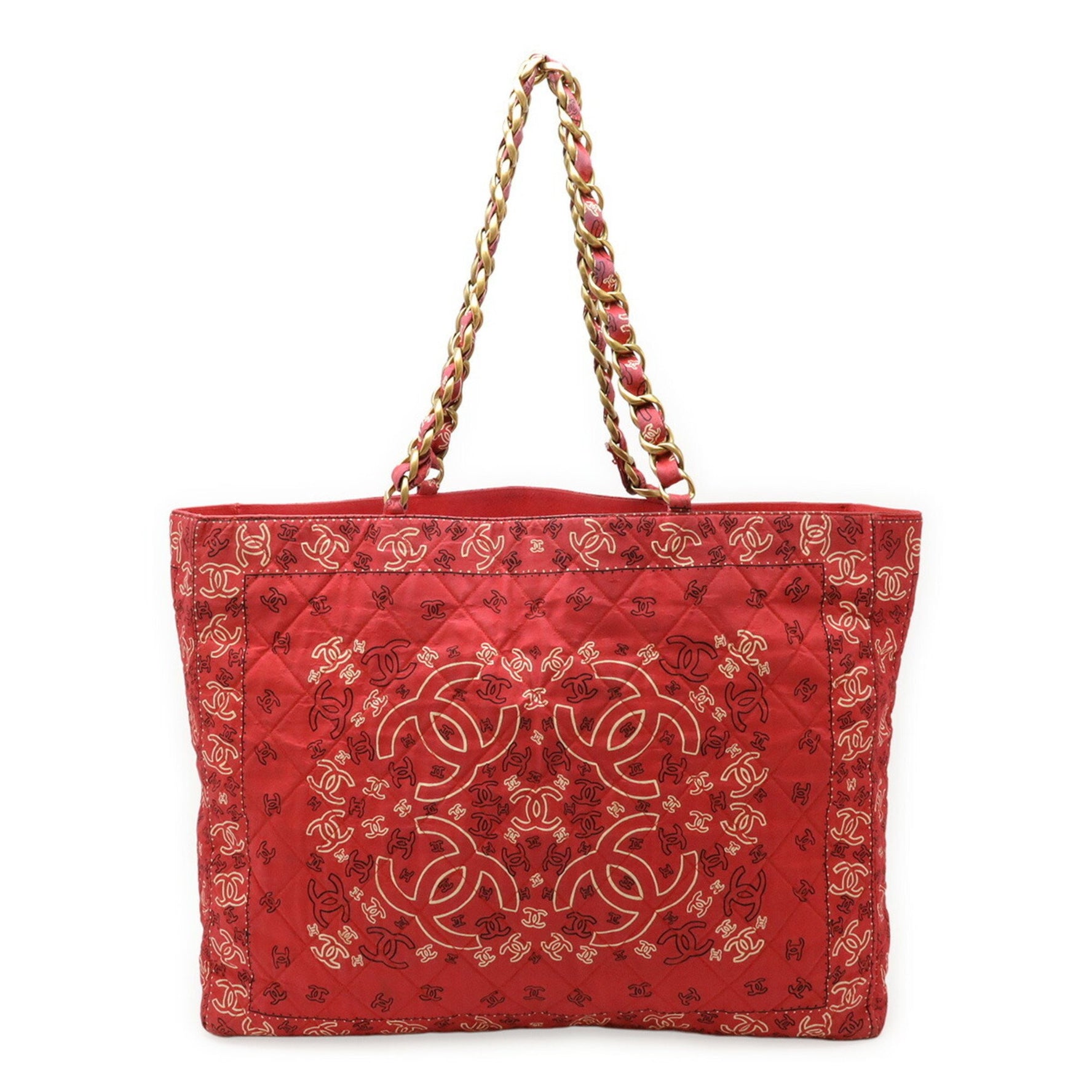 CHANEL Coco Mark Tote Bag with Chain Shoulder Bag, Cotton, Red, White