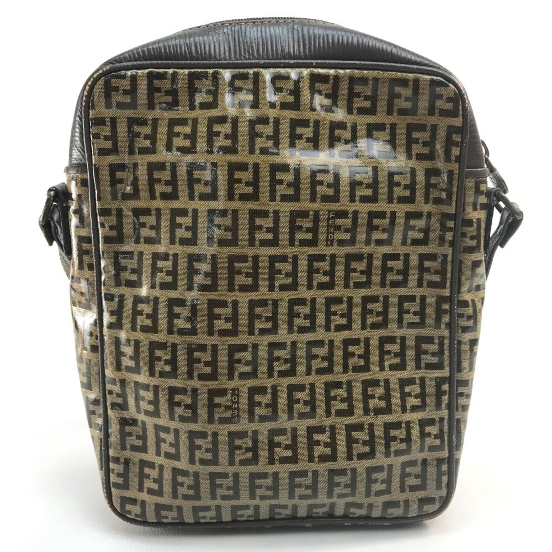 FENDI Vintage Zucca FF Pattern Logo Stamp Pochette Shoulder Bag in Vinyl/Leather, Beige/Brown