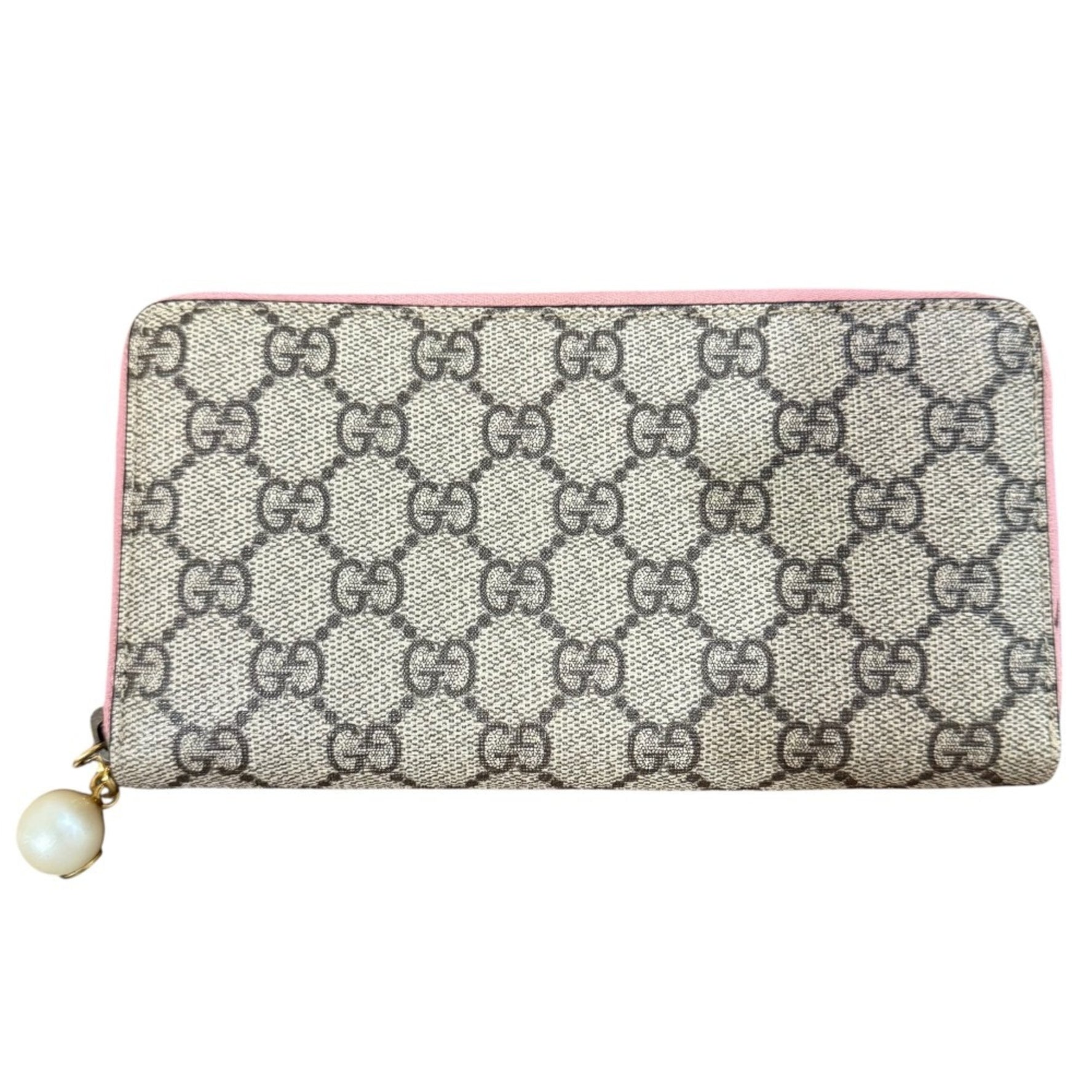 GUCCI GG Supreme Pearl Charm Round Zip Long Wallet Beige x Pink