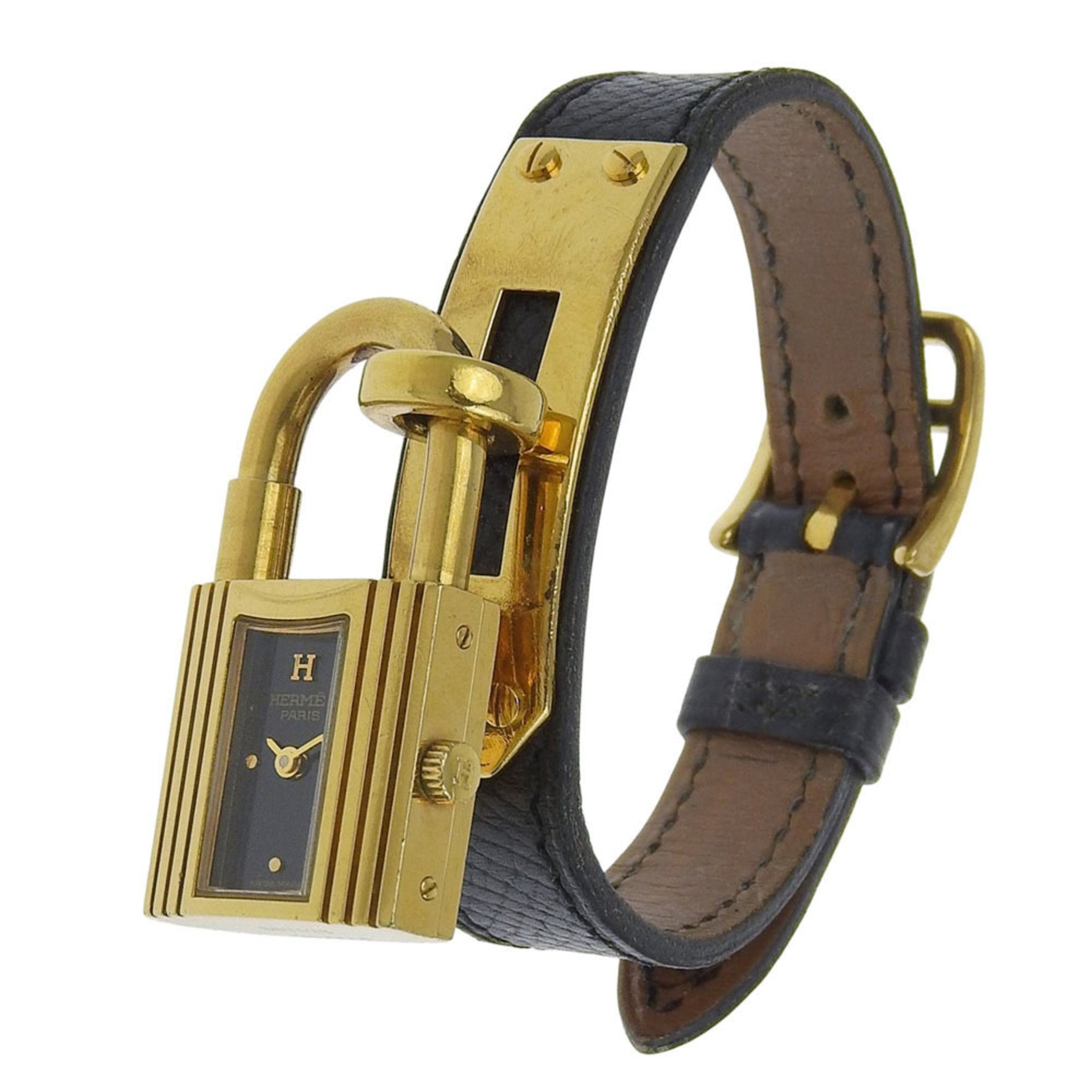 Hermès Kelly Watch, Gold-Plated and Leather, 1995, Quartz Movement, Analog Display, Black Dial