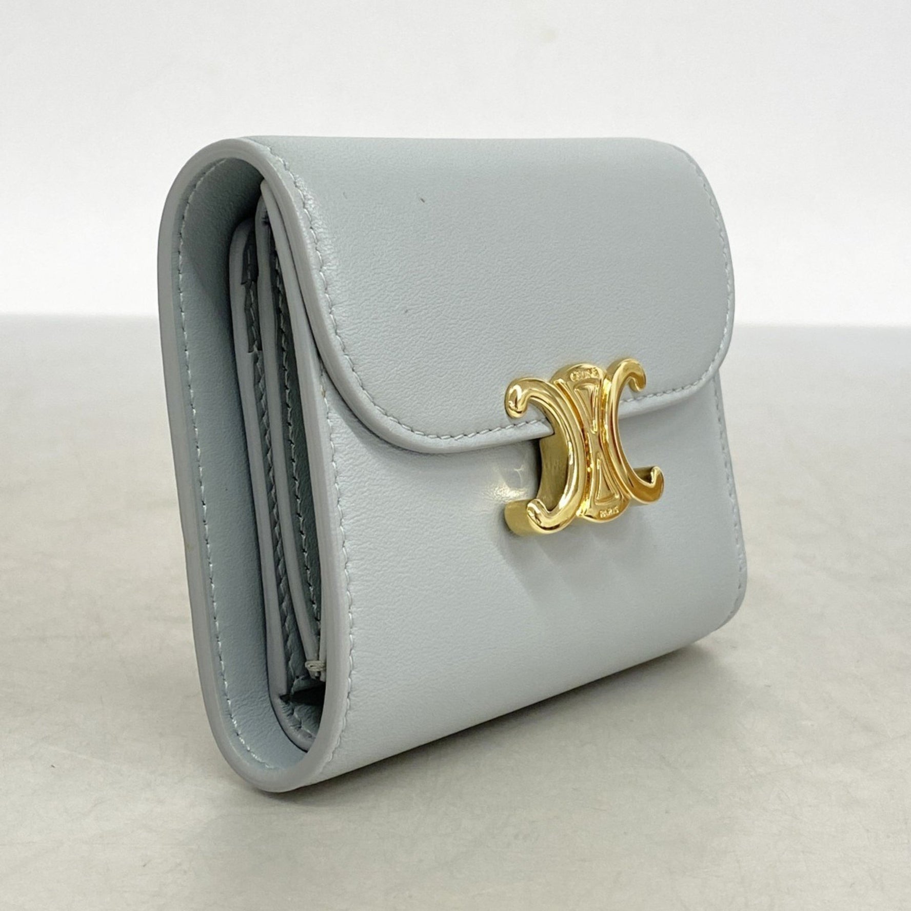 Celine Triomphe Leather Tri-fold Wallet, Grey, Women's