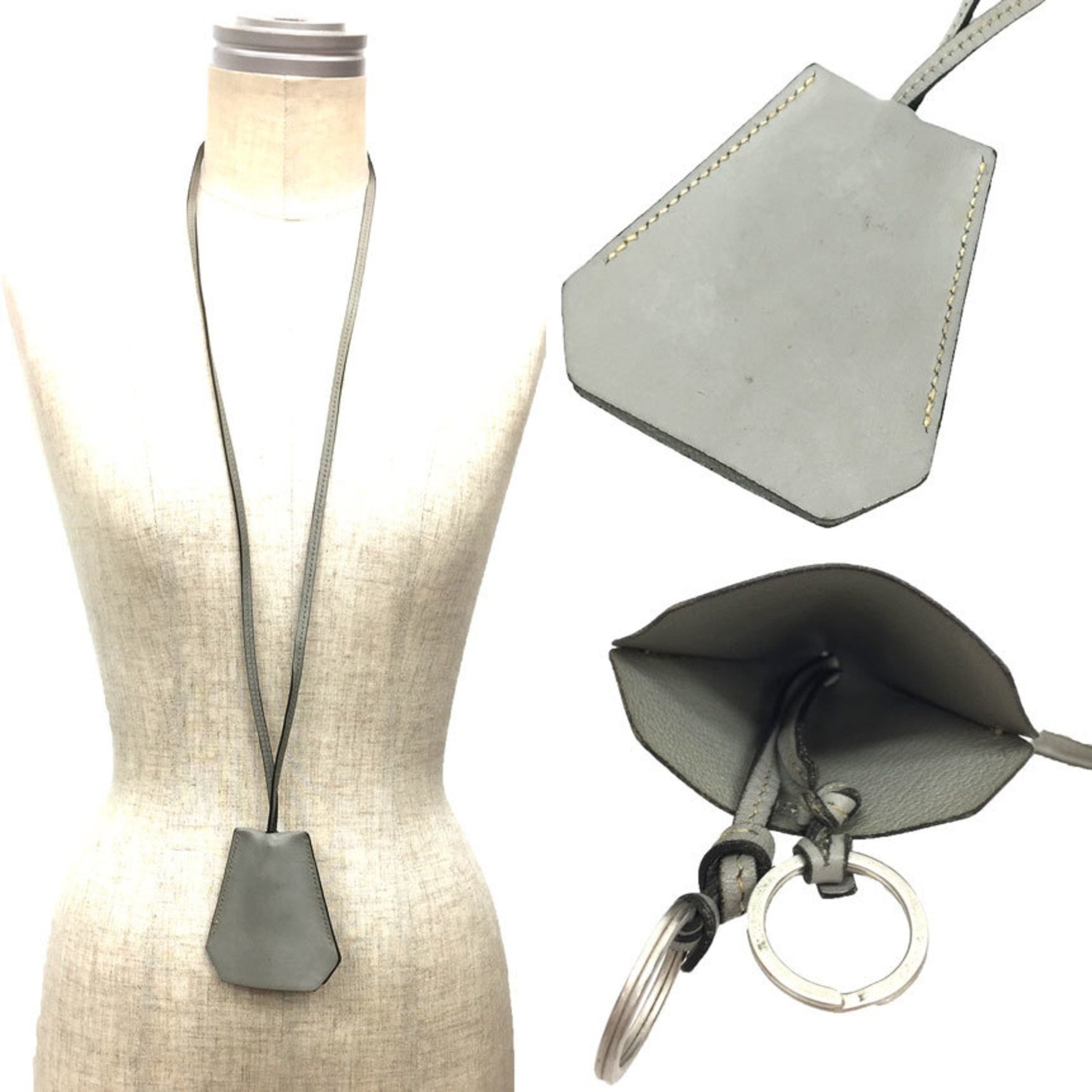 Hermes HERMES Leather Crochet Necklace Keybell Key Ring Holder Charm Gray