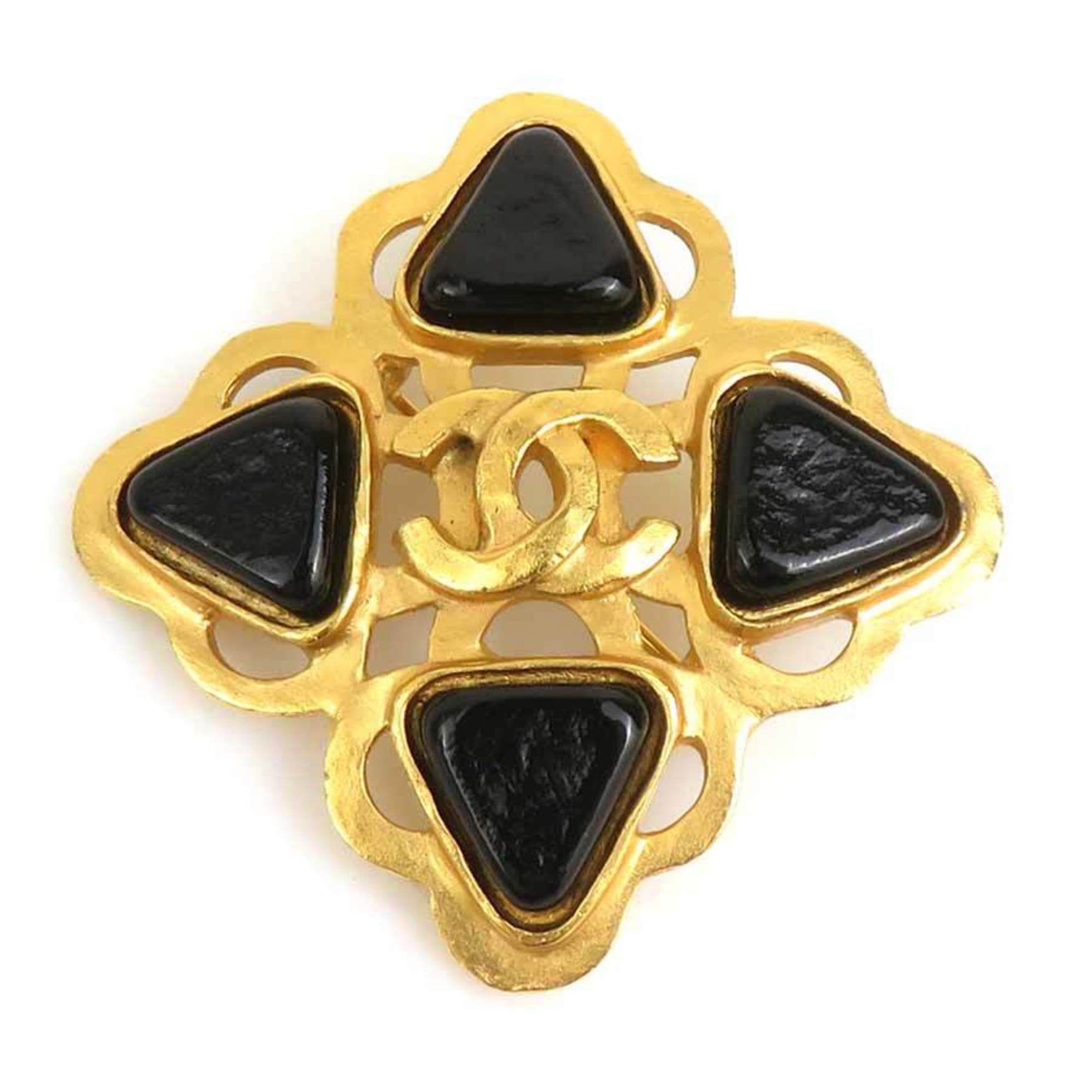 CHANEL Coco Mark Metal Stone Brooch in and Black
