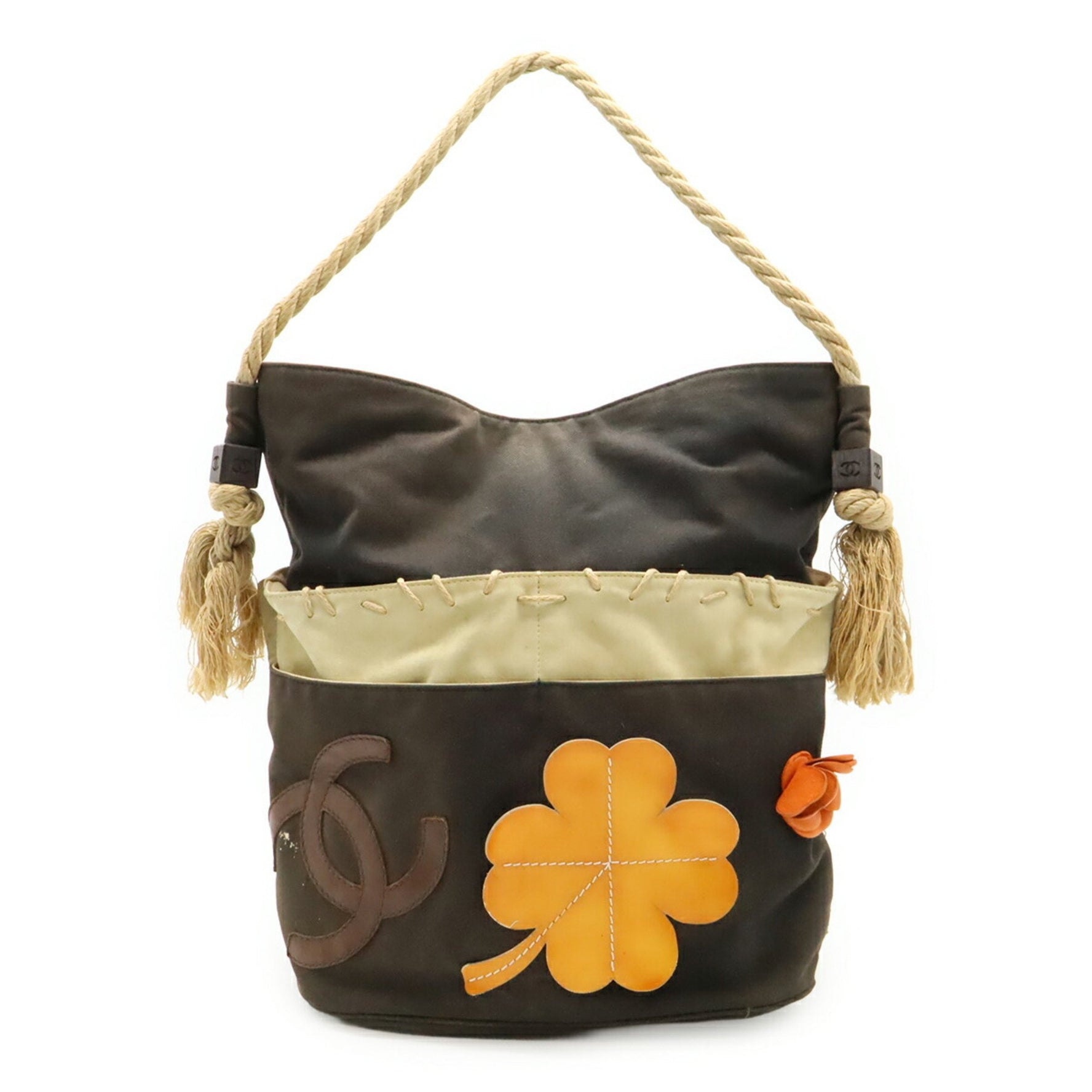 CHANEL Fishnet Rope Coco Mark Camellia Tote Bag Handbag Canvas Leather Wood Black Beige
