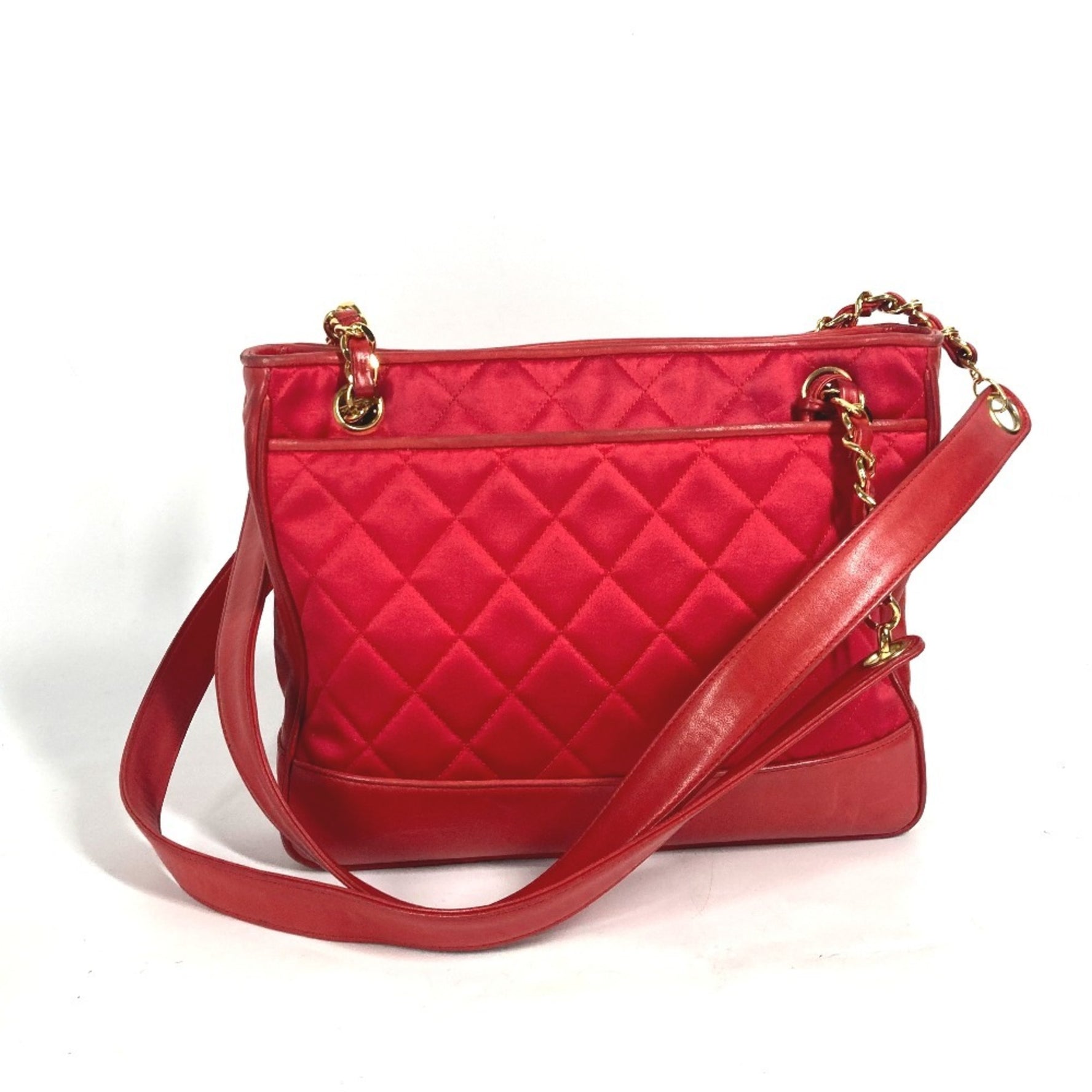 CHANEL Vintage Coco Ball Matelasse Quilted Chain Bag Shoulder Tote Satin Leather Red