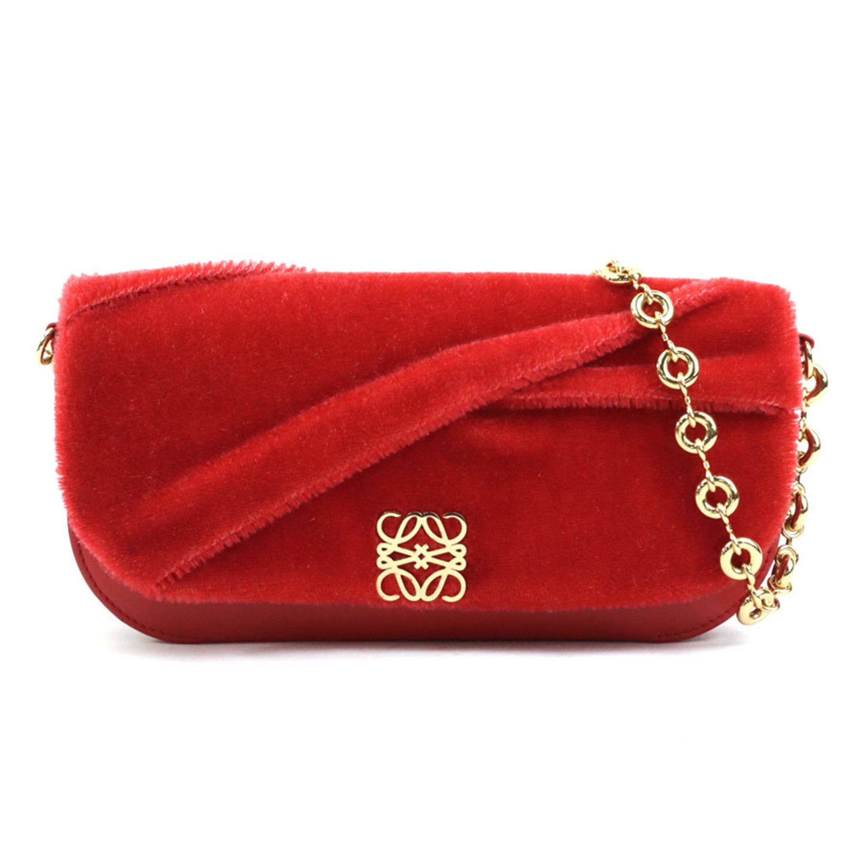 LOEWE Shoulder Bag Clutch Anagram Leather Metal Mohair Red Gold