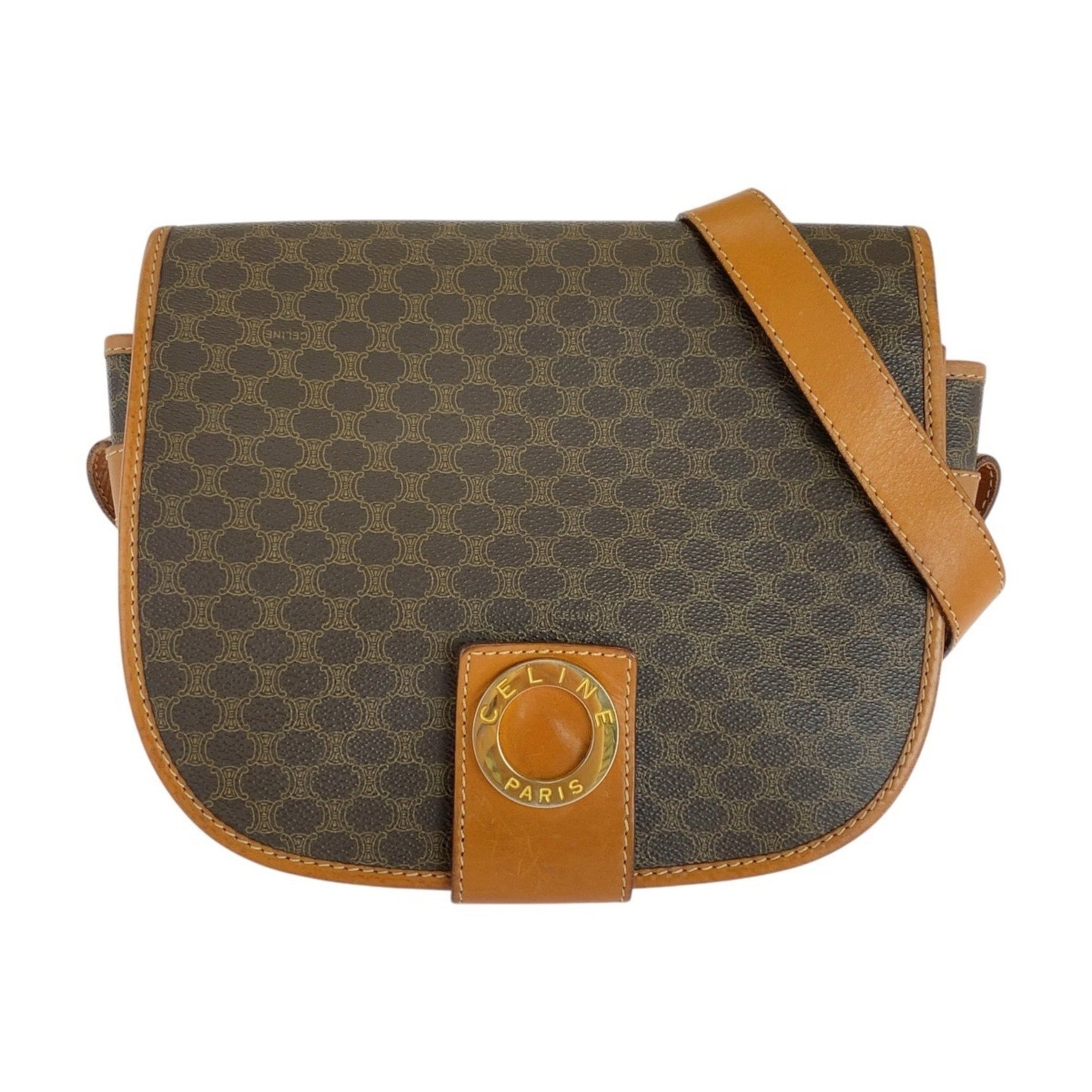 CELINE Vintage Macadam Circle Logo Gold Hardware Leather Shoulder Bag Pochette