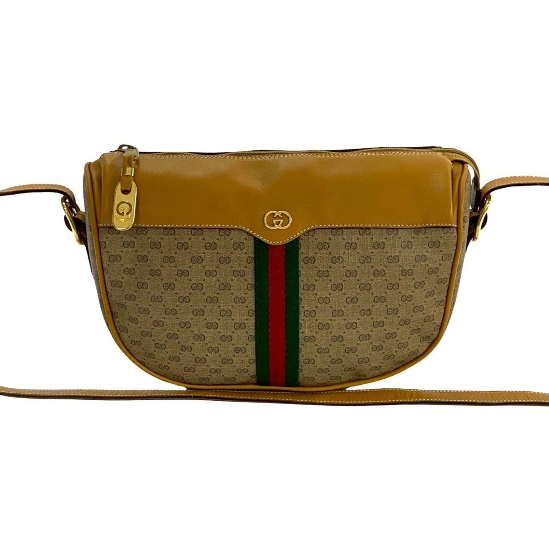 GUCCI Old Vintage Sherry Line Micro GG Logo Leather Shoulder Bag Brown Camel 174-9