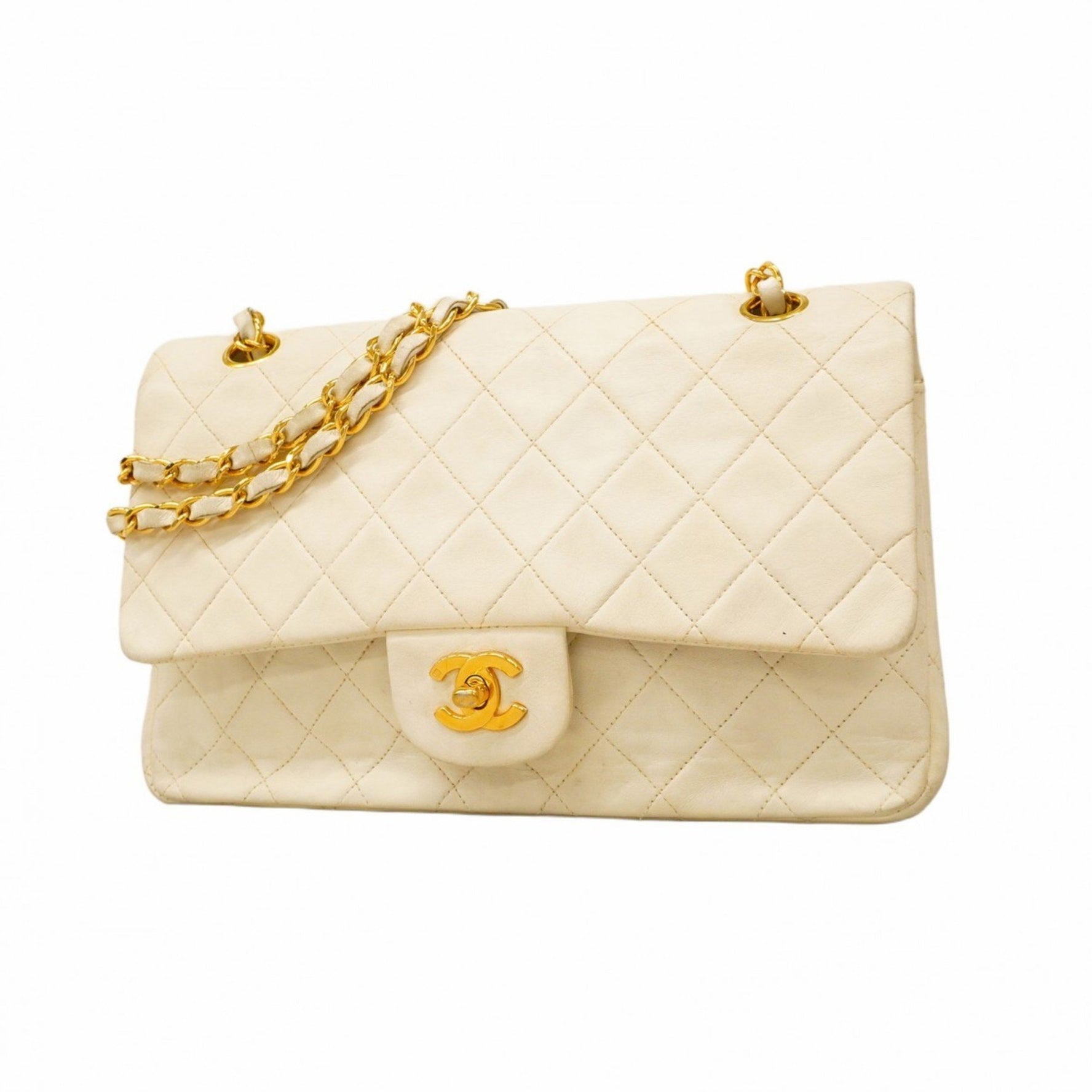 Chanel Matelasse Shoulder Bag with Double Flap and Chain, Lambskin, White, Women's