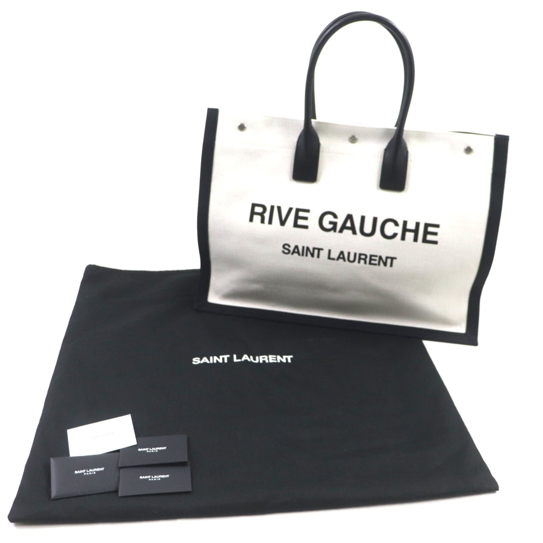 SAINT LAURENT Rive Gauche Logo Canvas and Leather Tote Bag in Beige Black, Includes Dust Bag, Made Italy