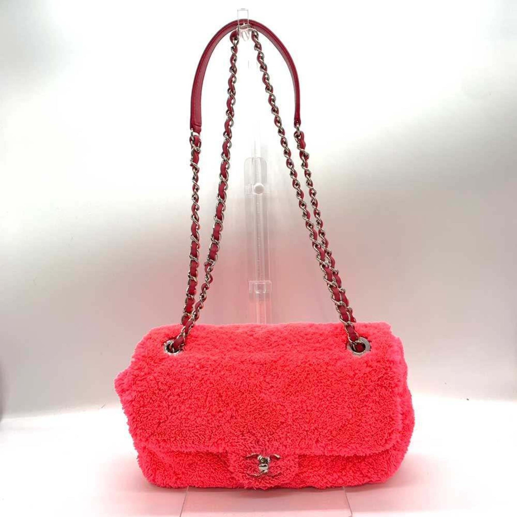 Chanel Chain Shoulder Bag Pink Neon Color Pochette Matelasse Pattern Pile Toweling Canvas