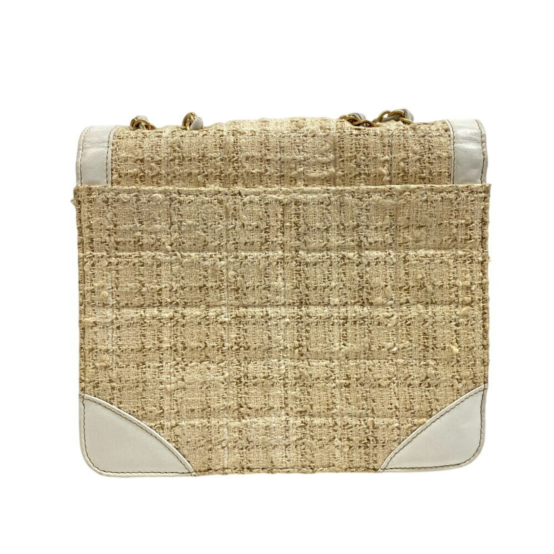 CHANEL Double Chain Shoulder Coco Mark Tweed Bag White