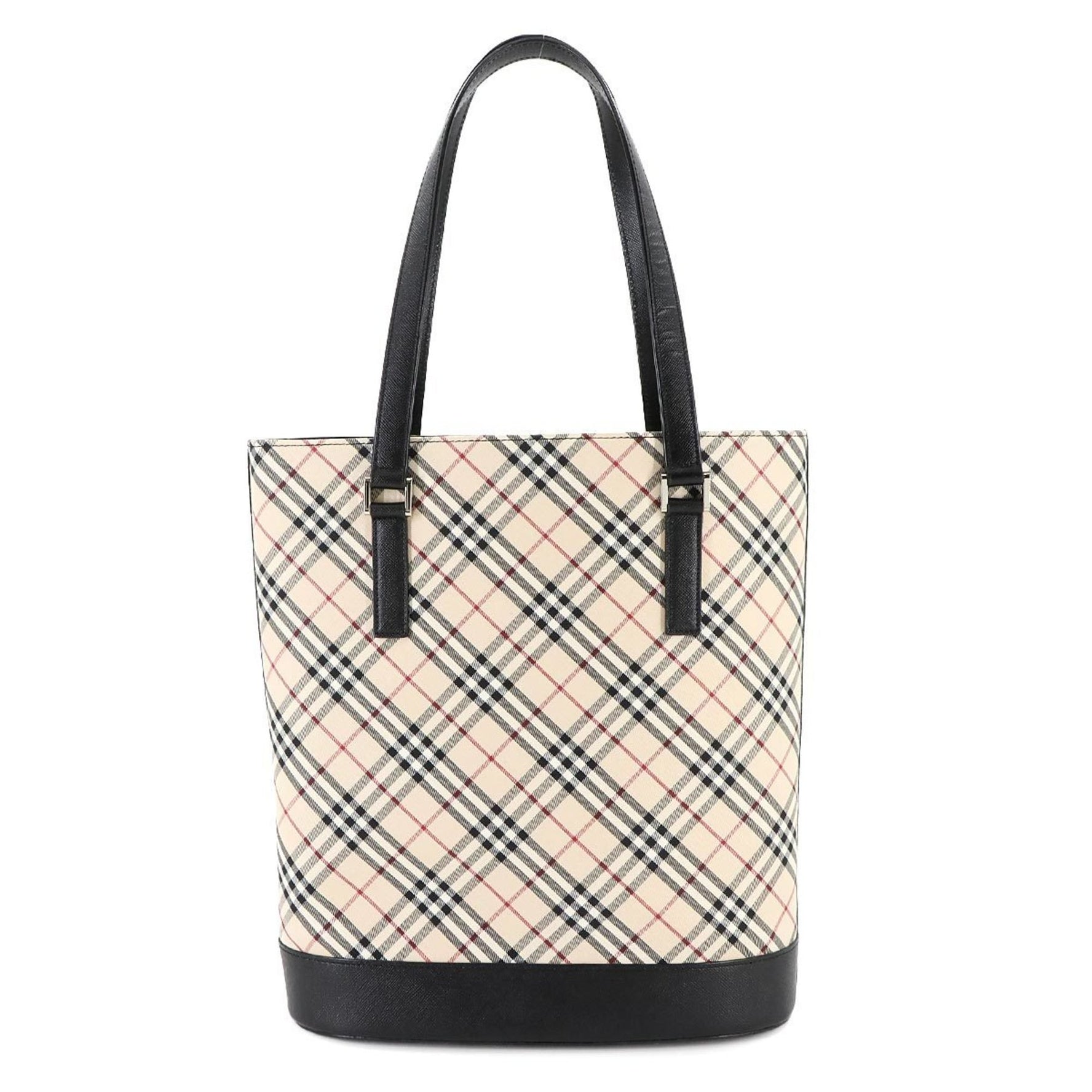 Burberry Nova Check Tote Bag Canvas Leather Beige Black Silver Metal Fittings