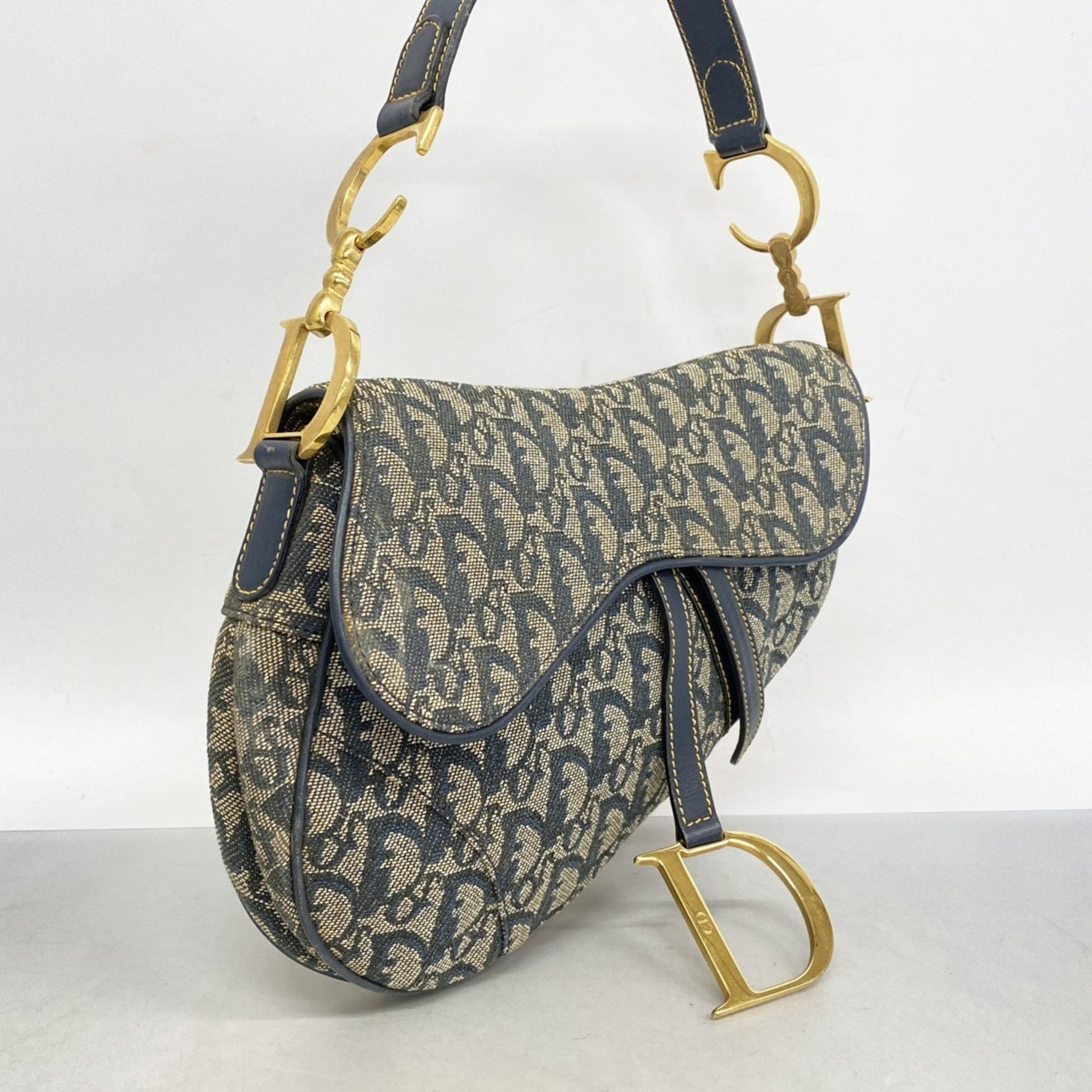 Christian Dior Trotter Saddle Bag Canvas Navy Women's Handbag