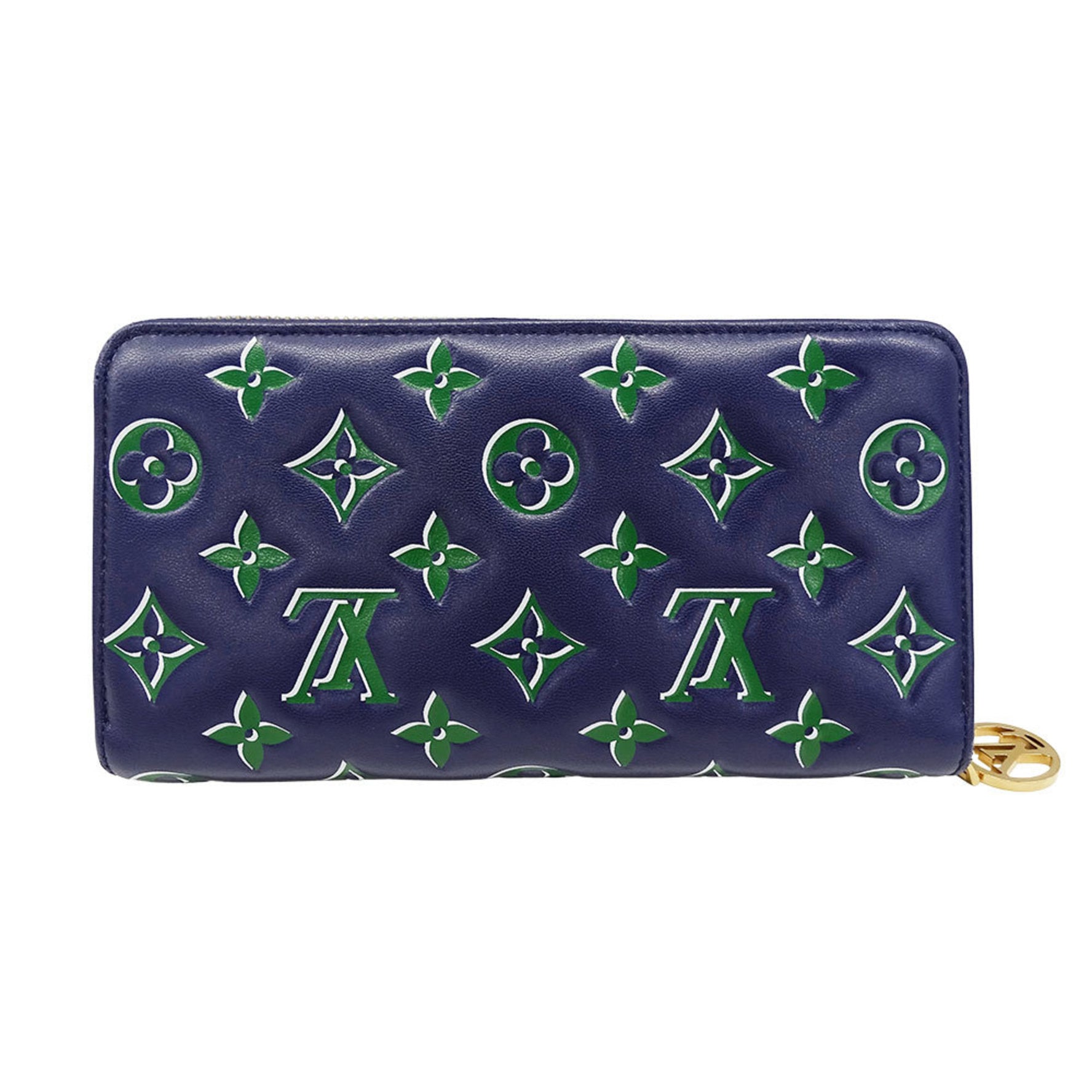 Louis Vuitton LOUIS VUITTON wallet and men, brand long wallet, lambskin Coussin Zippy Wallet, navy green, round zipper, large size