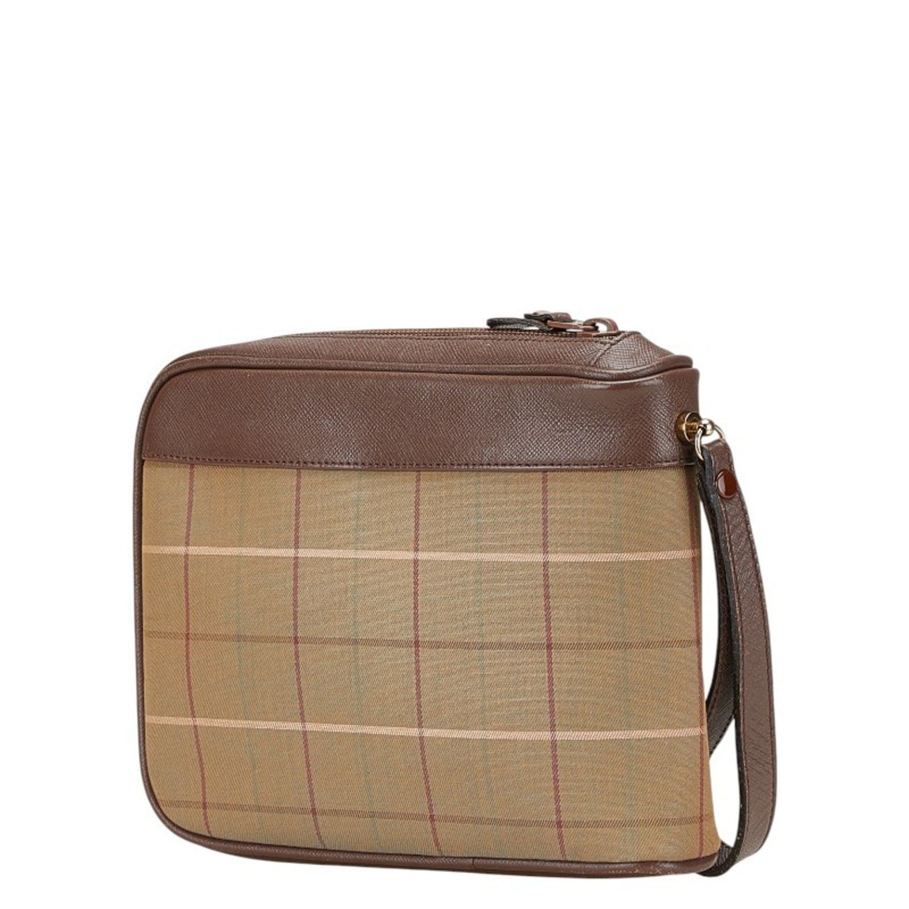 Burberry Check Pouch Clutch Bag Khaki Brown Multicolor Canvas Leather