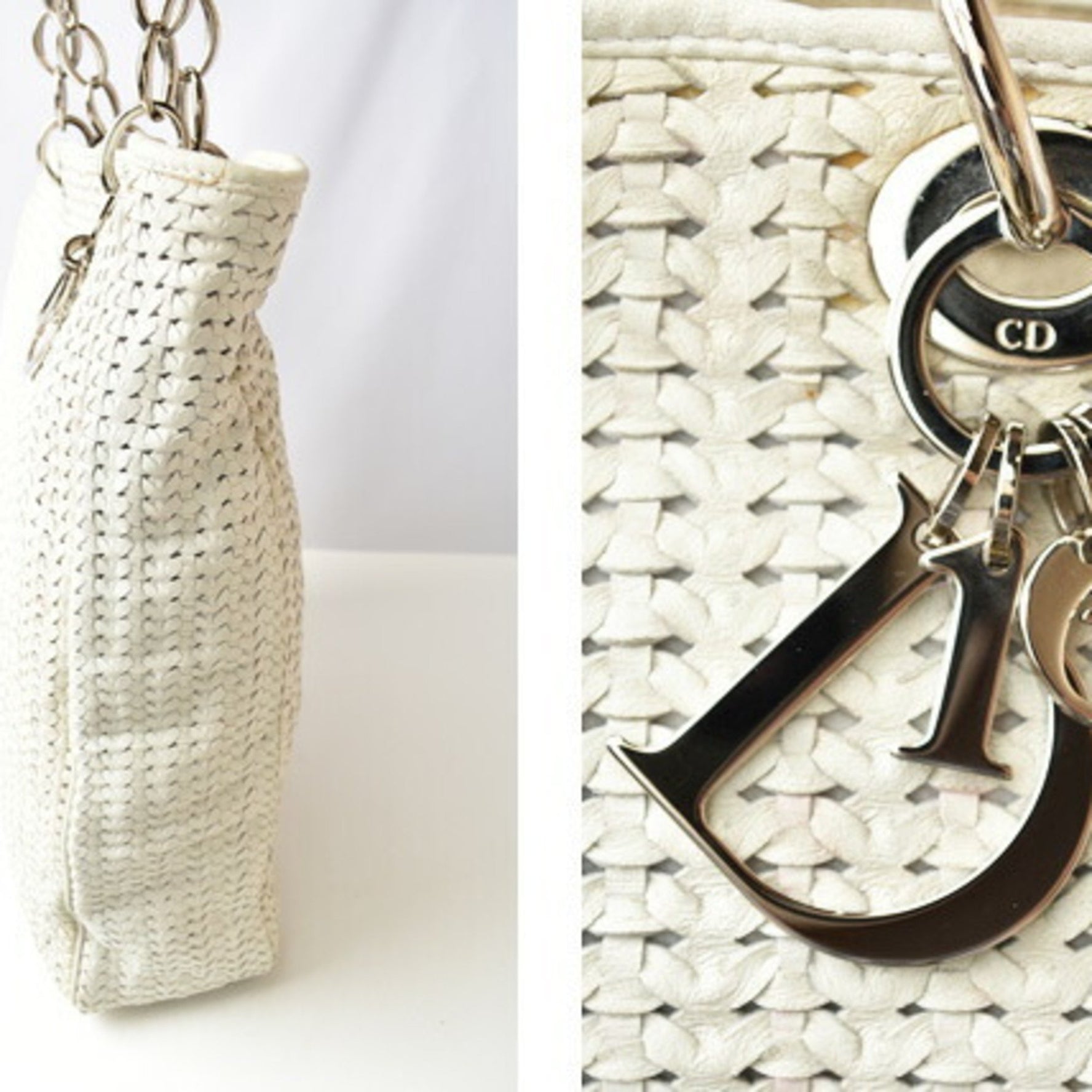Christian Dior Tote Bag Lady Intrecciato White Silver