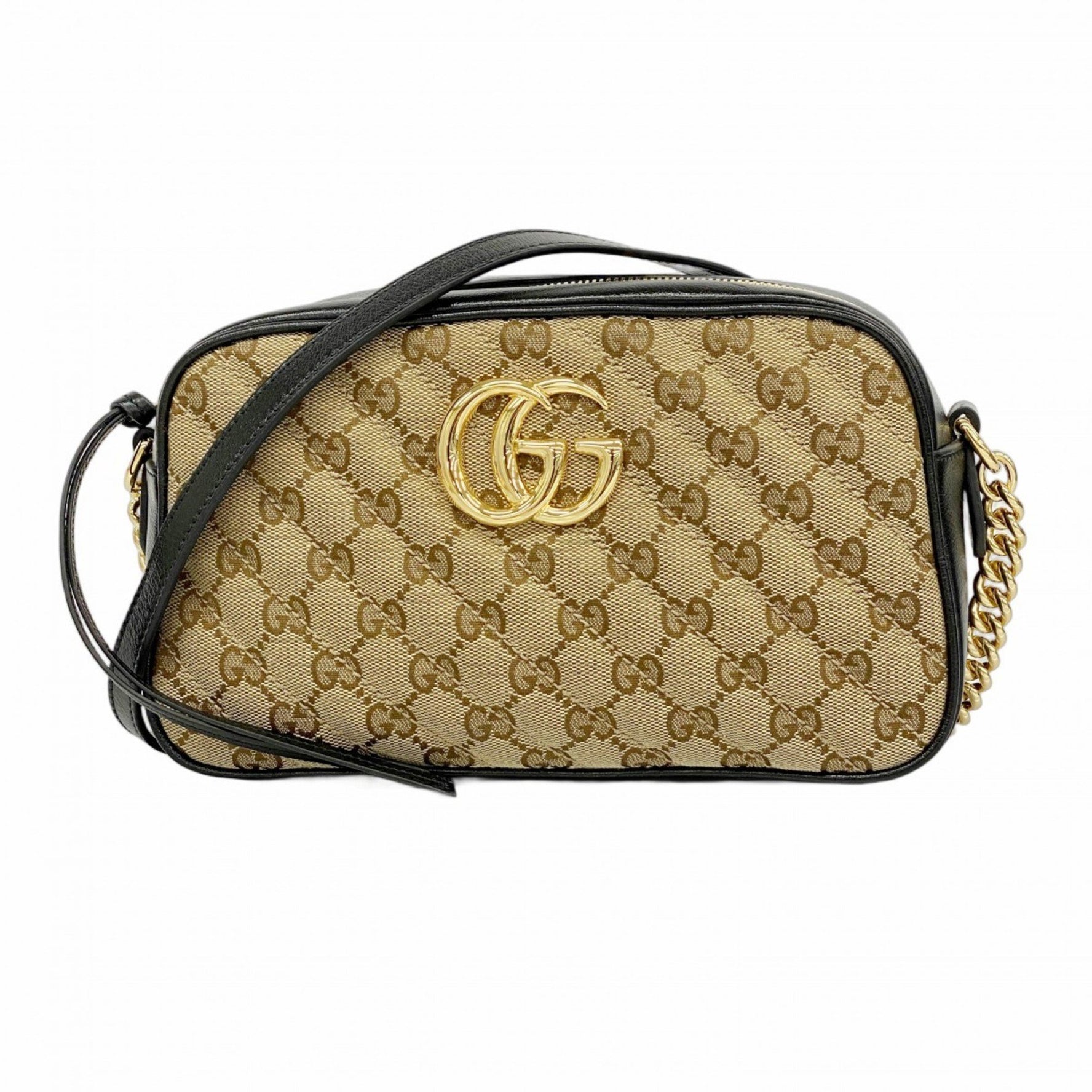 Gucci GG Canvas Shoulder Bag Marmont Leather Brown Black