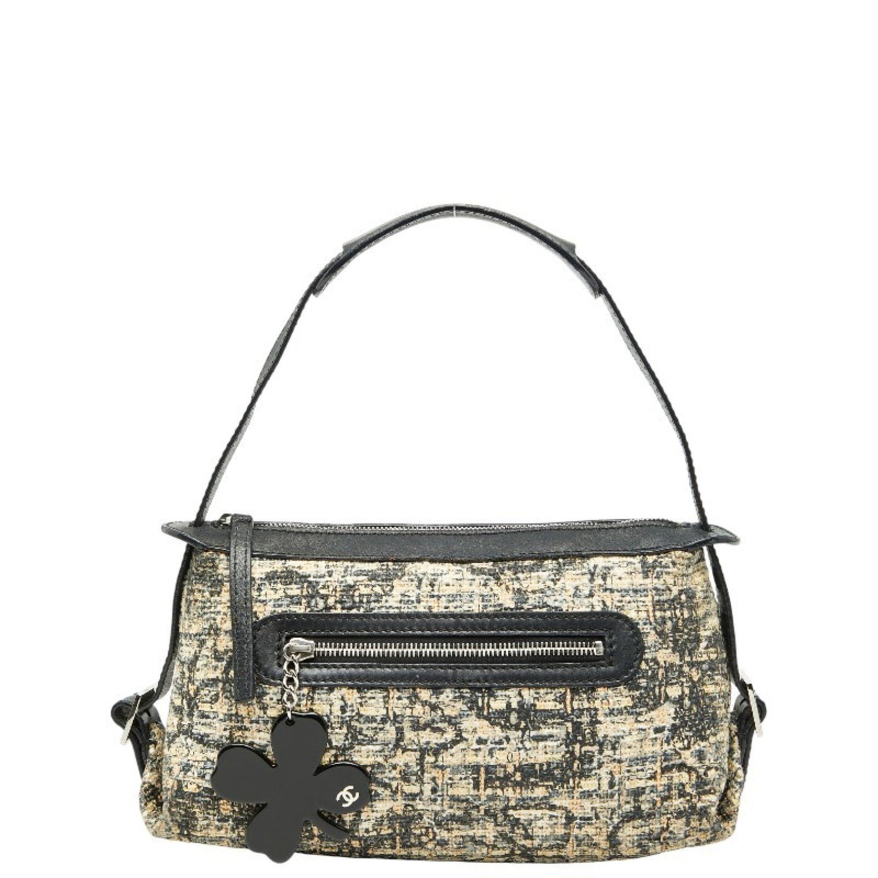 CHANEL Icon Print Clover One-Shoulder Bag Handbag in Beige and Black Tweed Leather