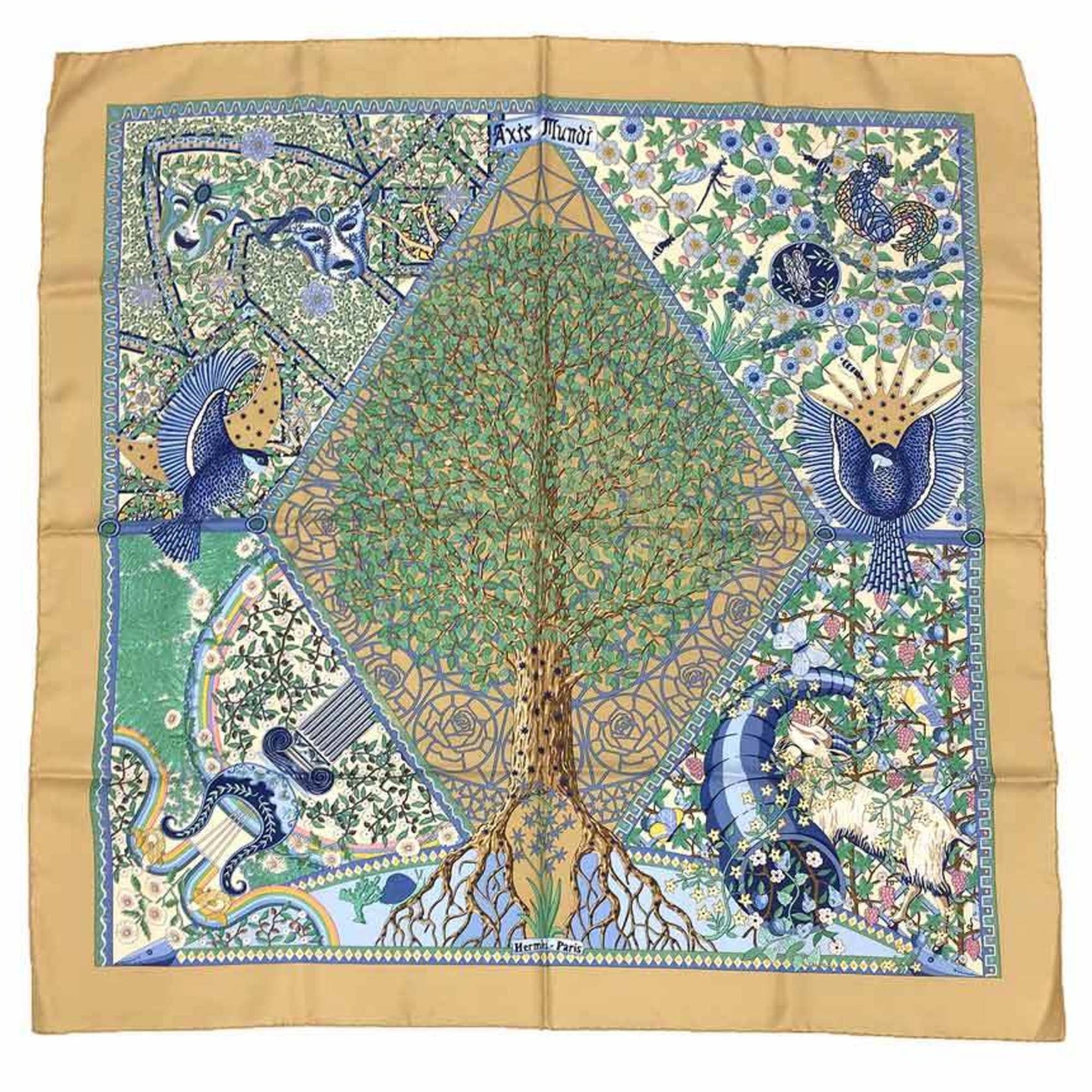 HERMES AXIS MUNDI Silk Scarf, Carré 90, Beige x Green, 100% (aq11920)