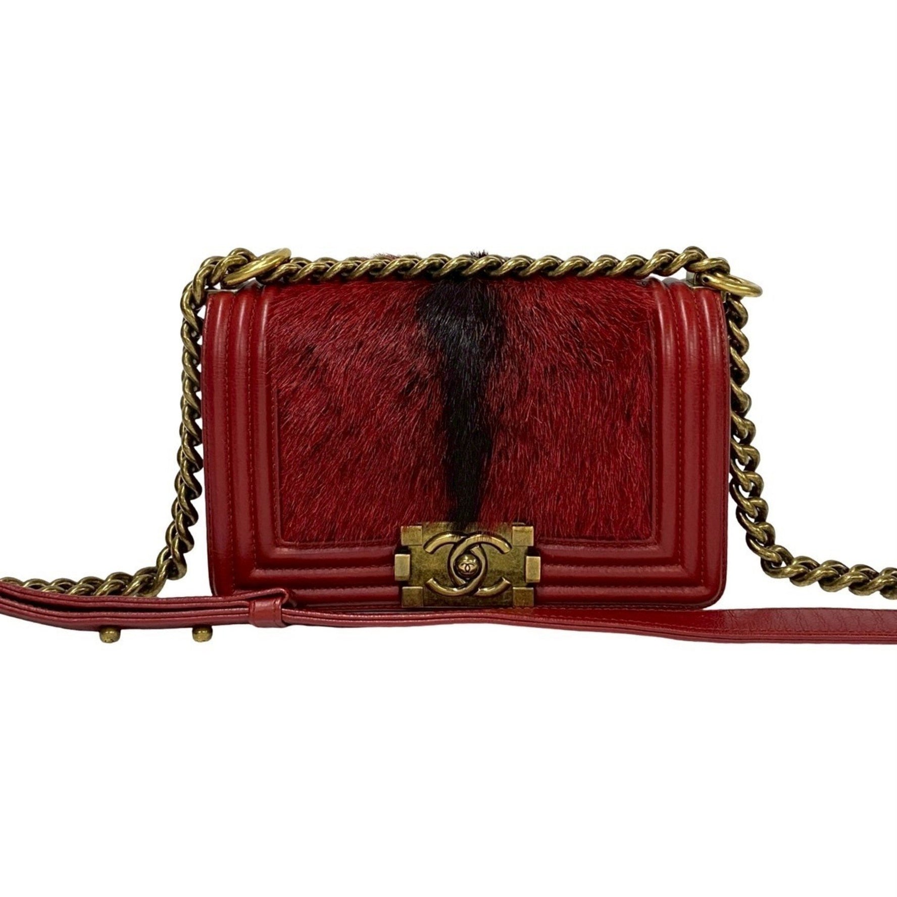 CHANEL Boy Coco Mark Leather and Rabbit Fur Chain Shoulder Bag, Red