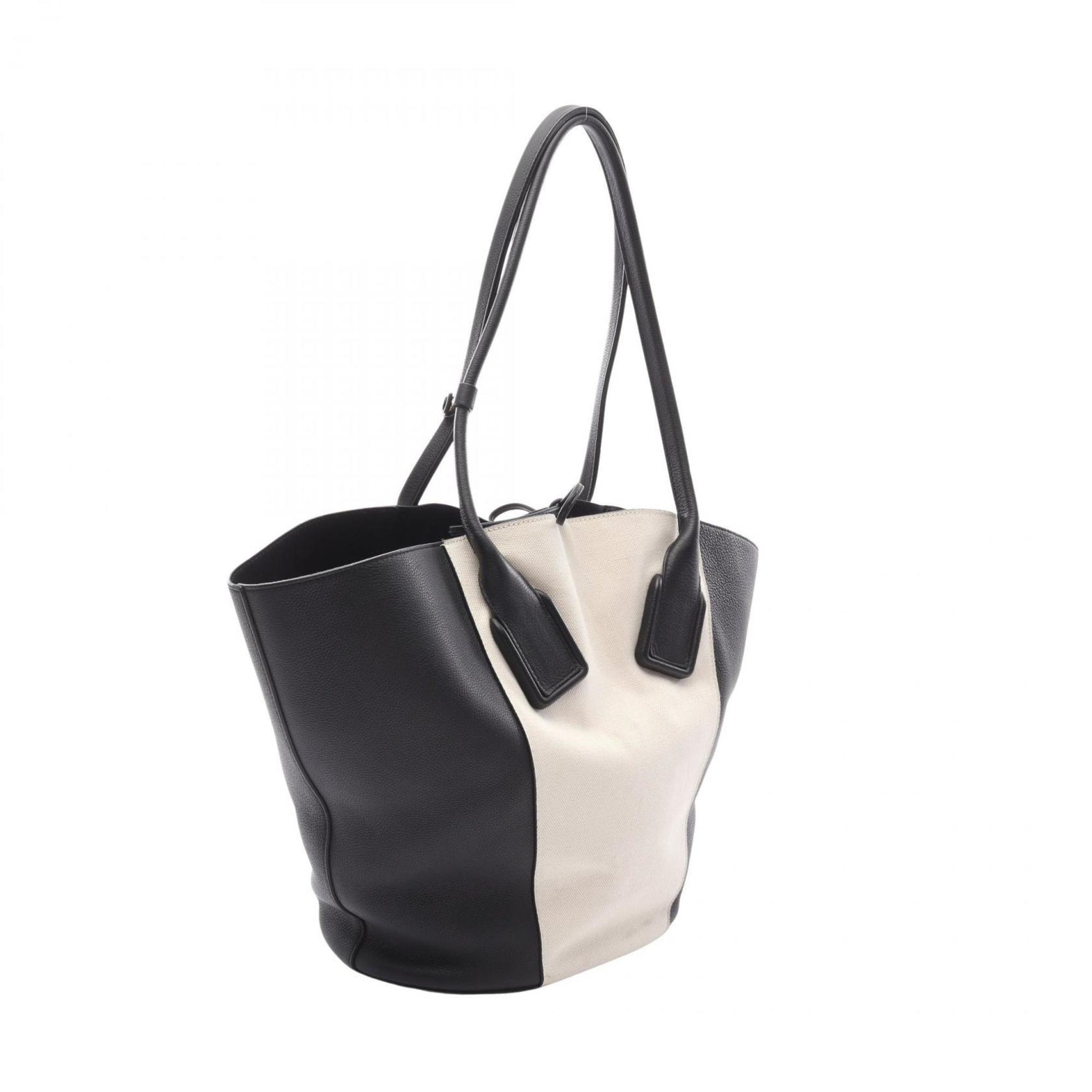Bottega Veneta Basket Tote Medium Bag in Leather and Canvas, Black/Ivory