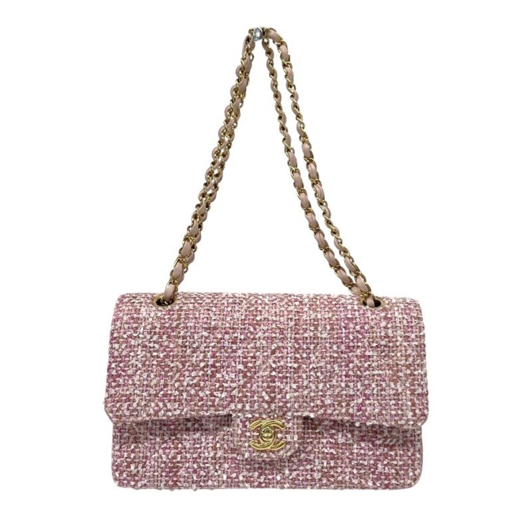 CHANEL Tweed Double Flap Shoulder Bag, Women's, No. 8, Chain Pink