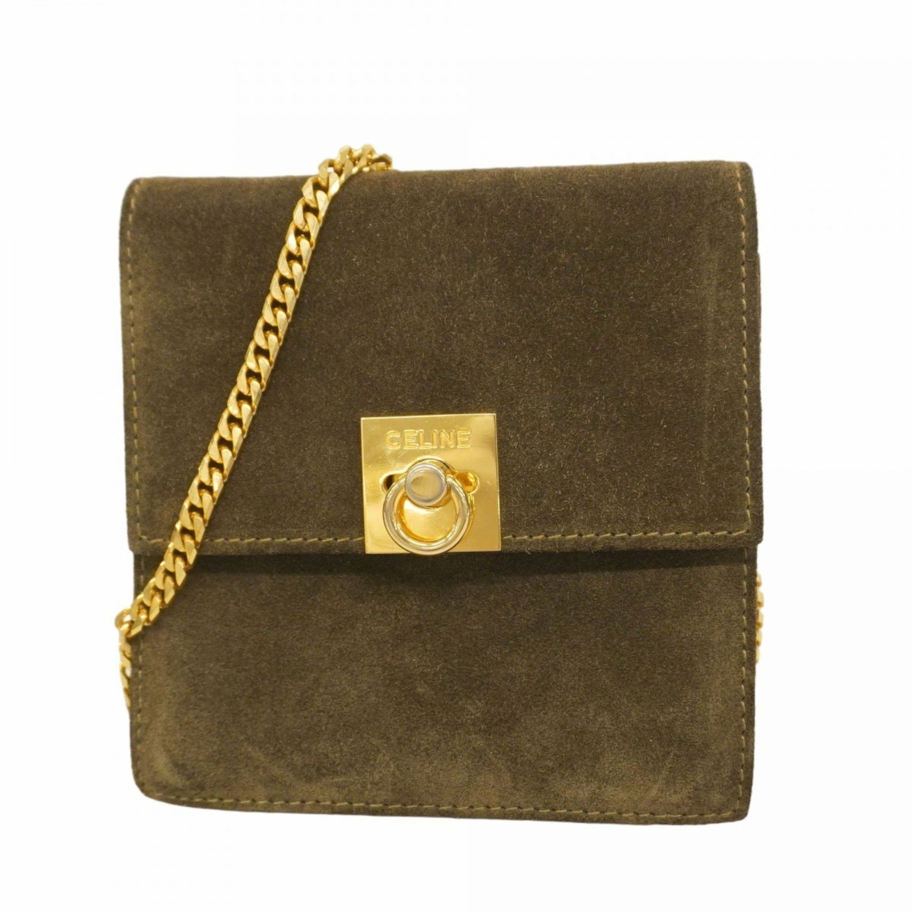 Celine Shoulder Bag Suede Brown Khaki