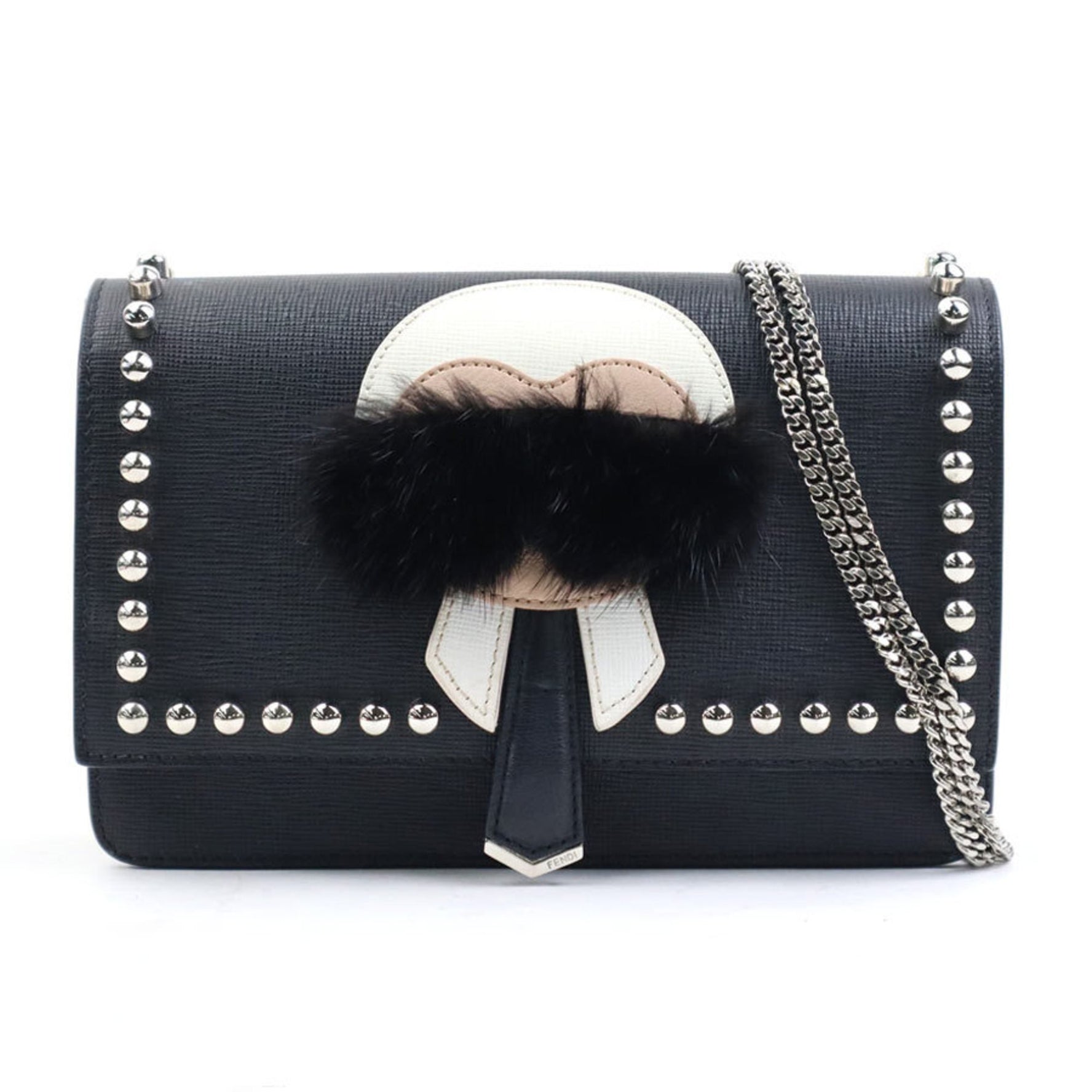 FENDI Wallet Chain Shoulder Bag Karl Lagerfeld Leather Fur Black White Silver