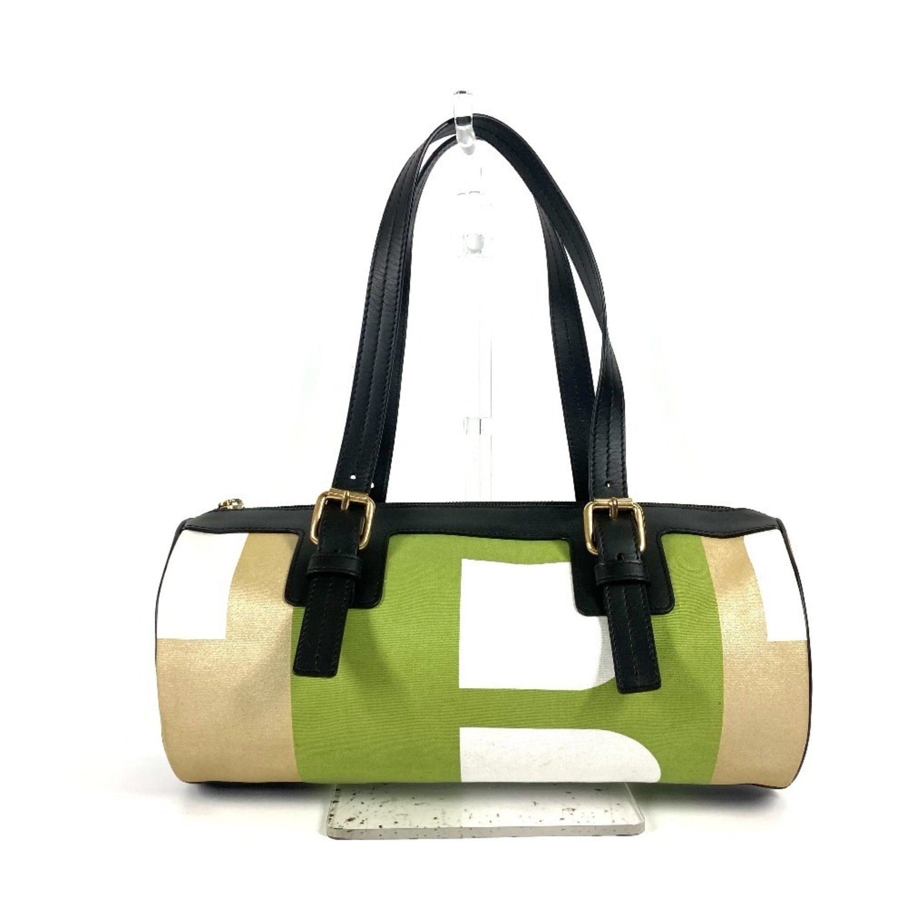 BALLY Logo Cylinder Bag Shoulder Handbag Leather Canvas Women's Green