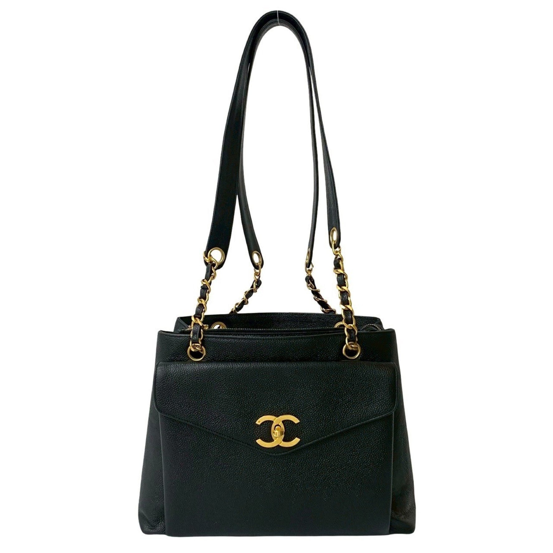 CHANEL Coco Mark Caviar Leather Chain Semi Shoulder Bag Tote