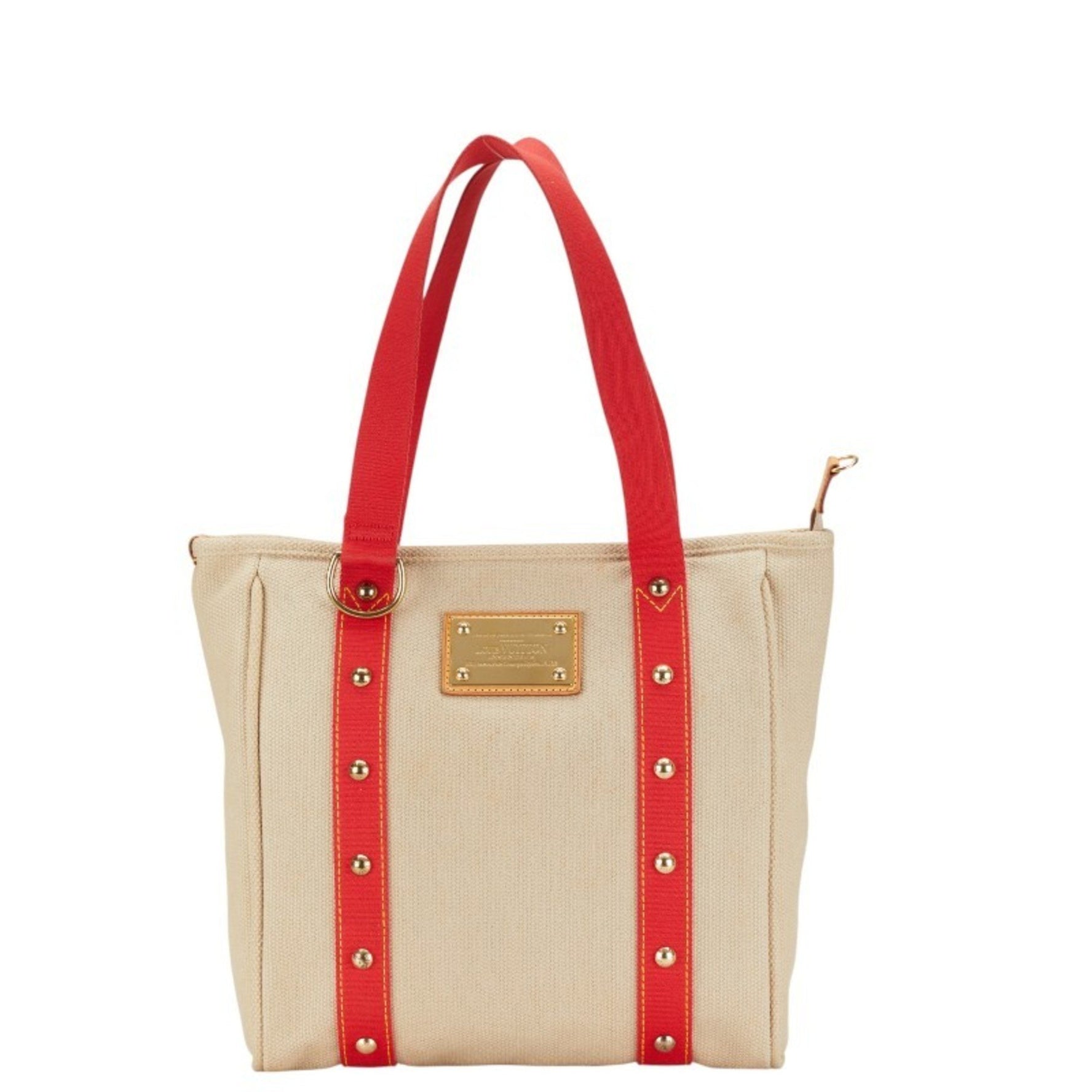 Louis Vuitton Antigua Cabas MM Tote Bag Shoulder Beige Red Canvas Leather