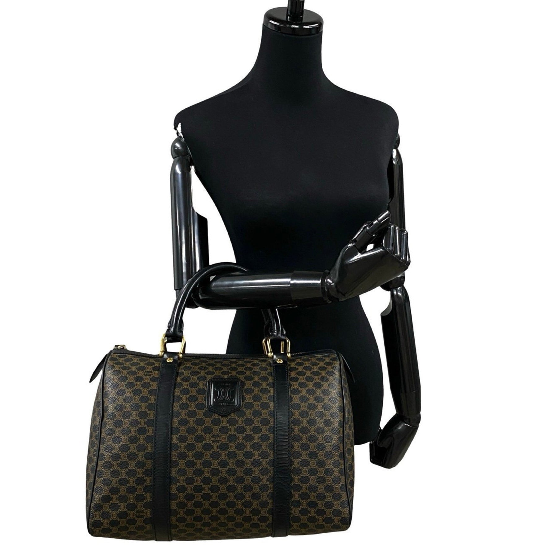 CELINE Macadam Blason with Triomphe Logo and Genuine Leather Handbag/Boston Bag in Black Brown