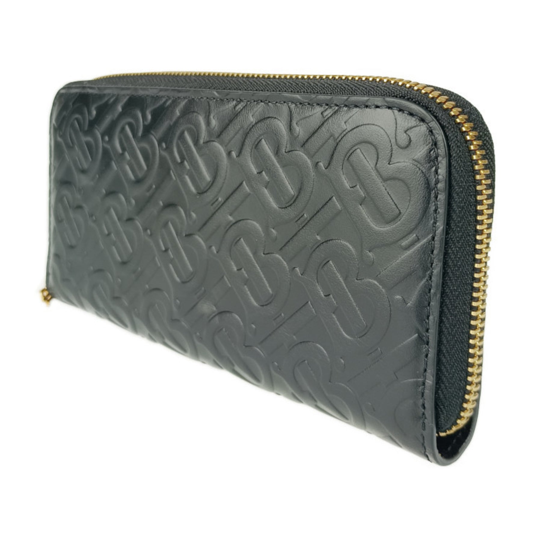 BURBERRY Burberry Long Wallet Zip TB Monogram Black Embossed Leather Women's Round