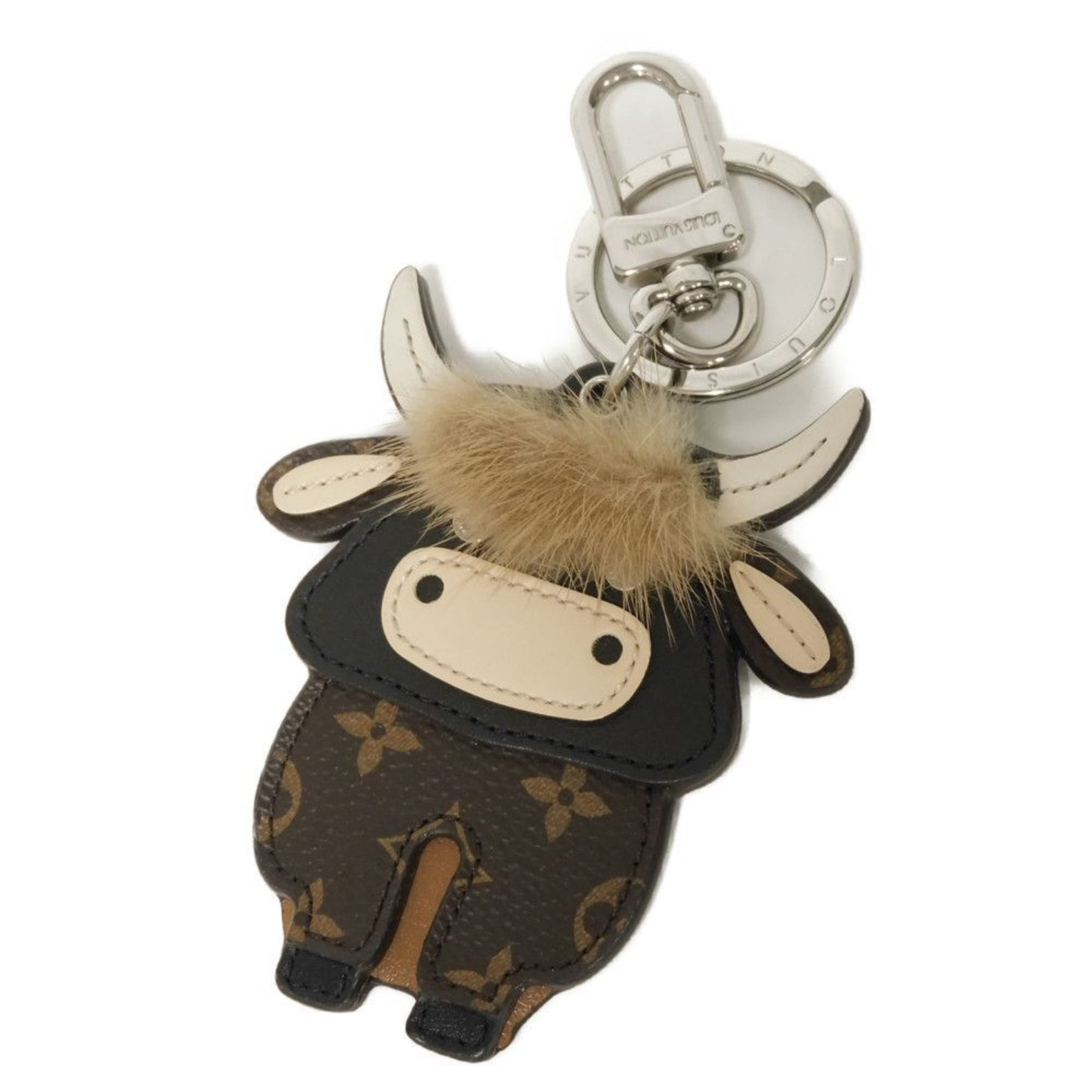 Louis Vuitton Porte-Clés Keychain, LV Ox, Zodiac Sign, Cow Fur, Flower, Brown, Monogram, Maroon, Men's