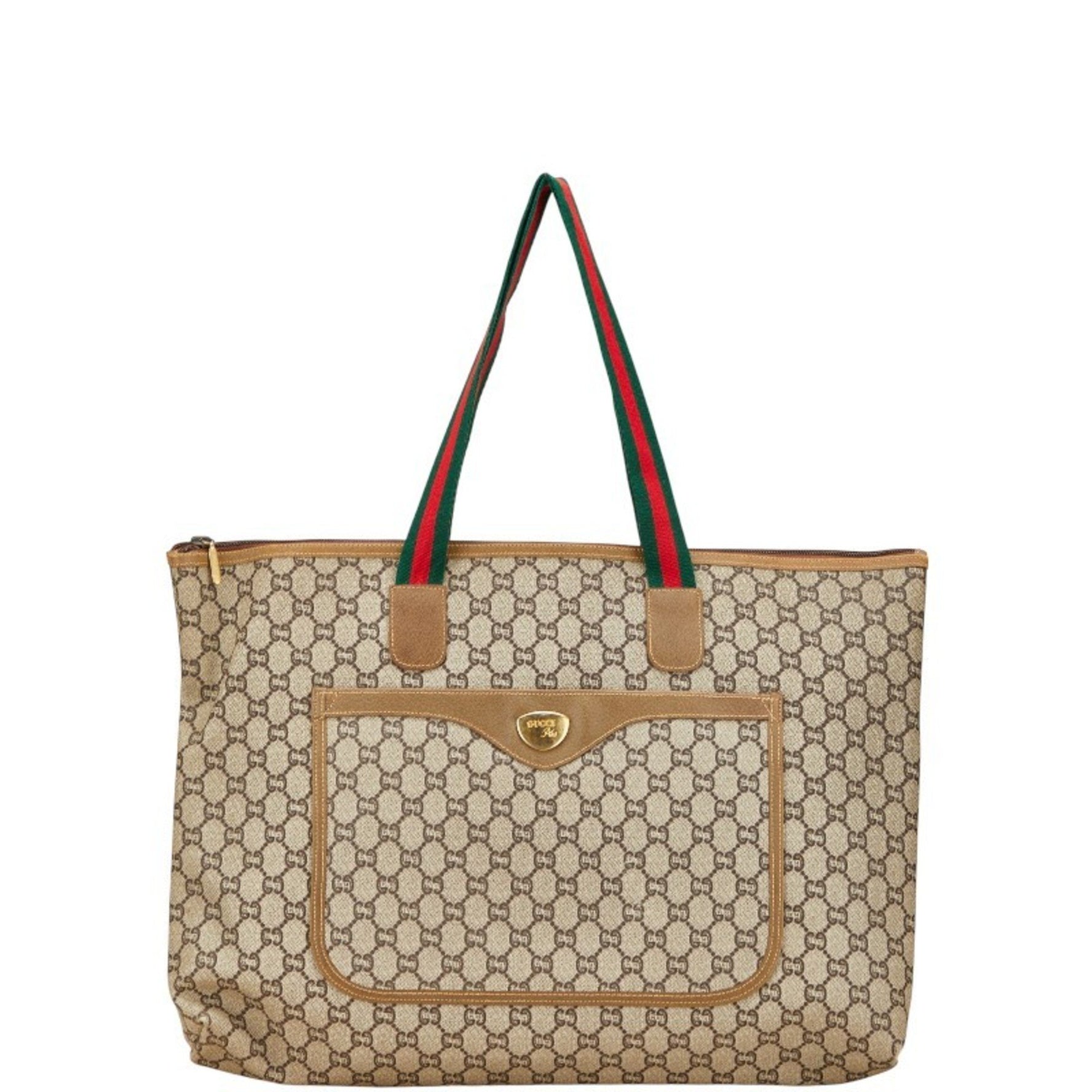 Gucci GG Plus Old Sherry Line Tote Bag in Beige and Khaki Leather