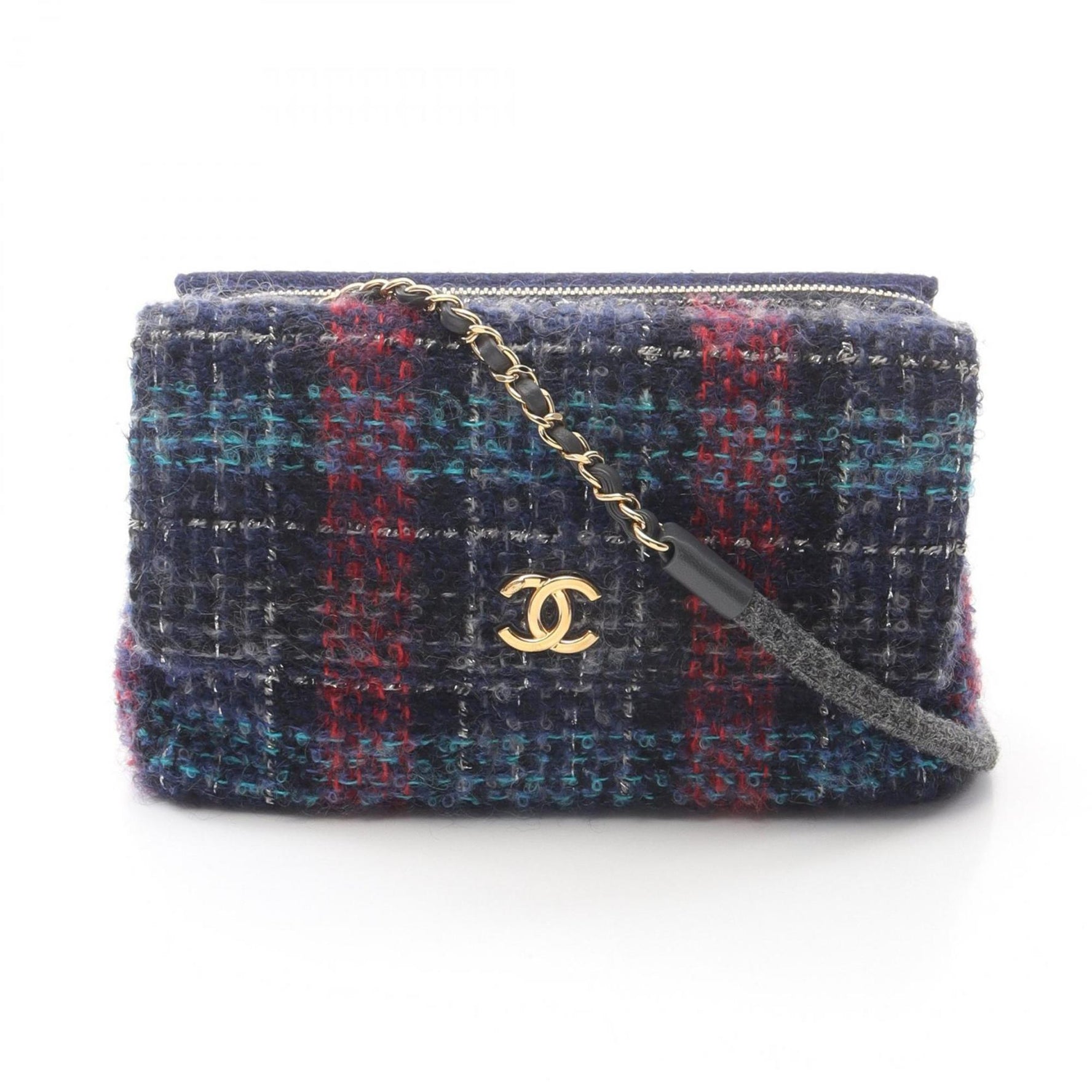 CHANEL W flap tweed shoulder bag leather fabric women's navy multicolor