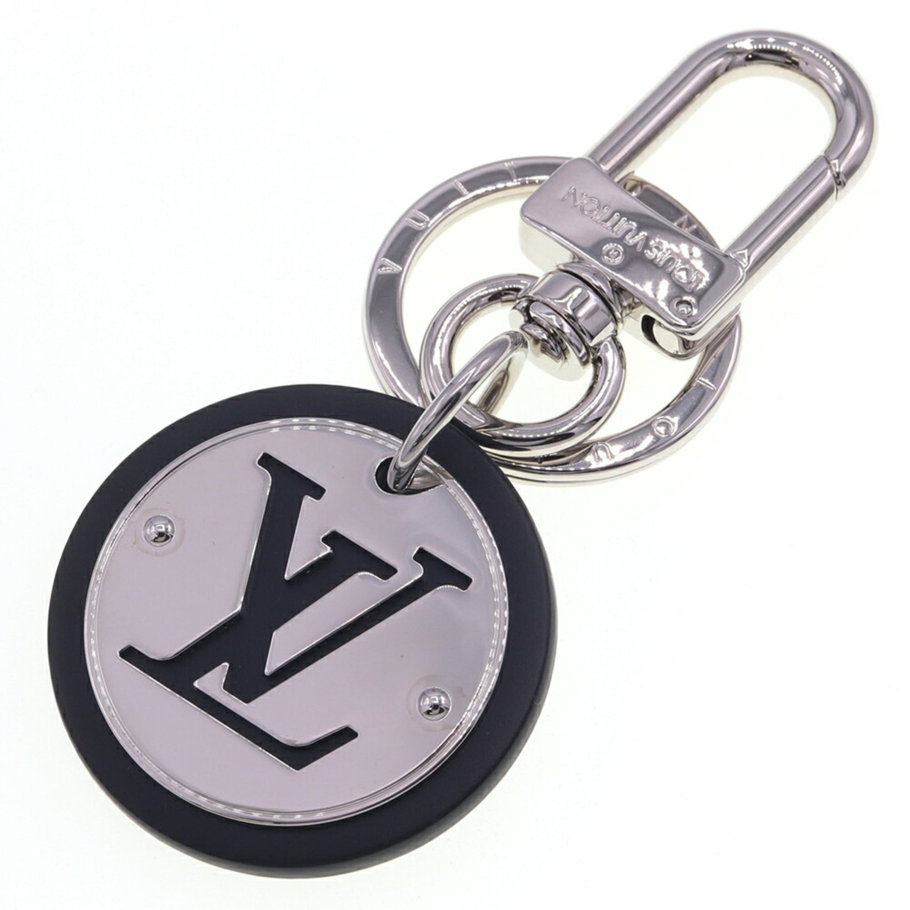 Louis Vuitton Keychain Portocle LV Circle Silver Black Metal Leather Key Ring Bag Men's